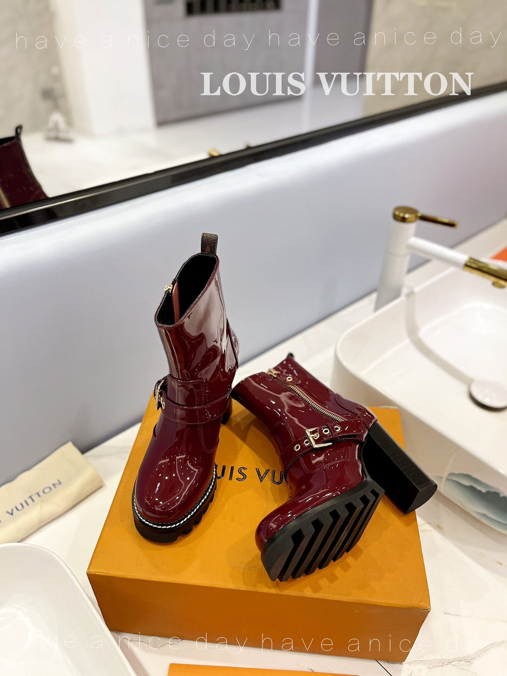LV Star Trail Buckle Detail Boots 10.5 Burgundy Patent Leather 573944