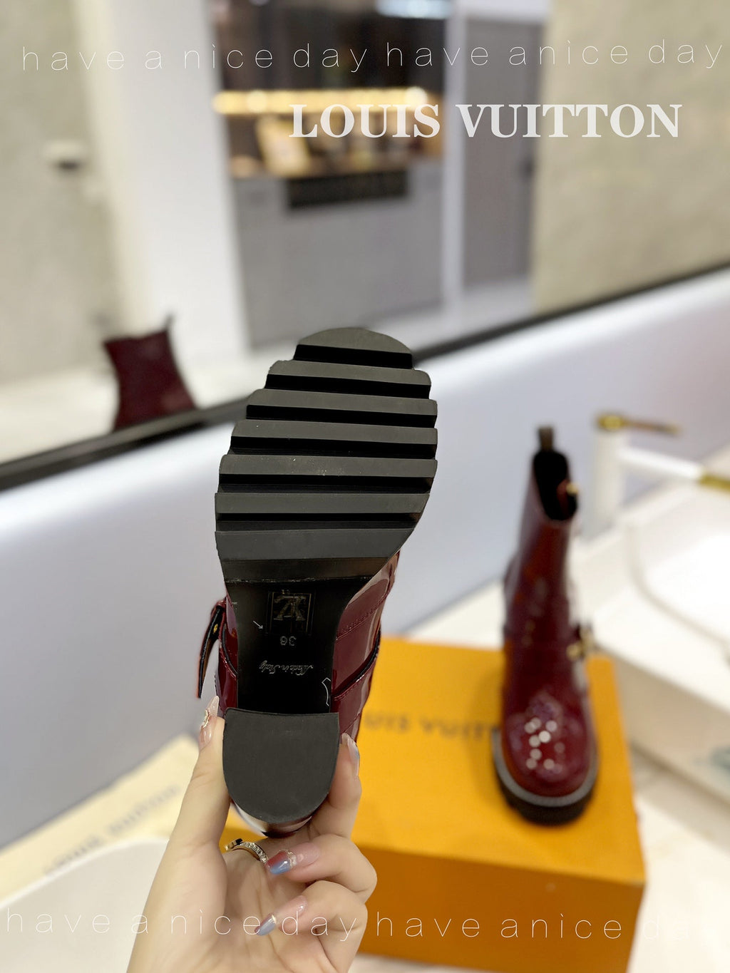 LV Star Trail Buckle Detail Boots 10.5 Burgundy Patent Leather 573944