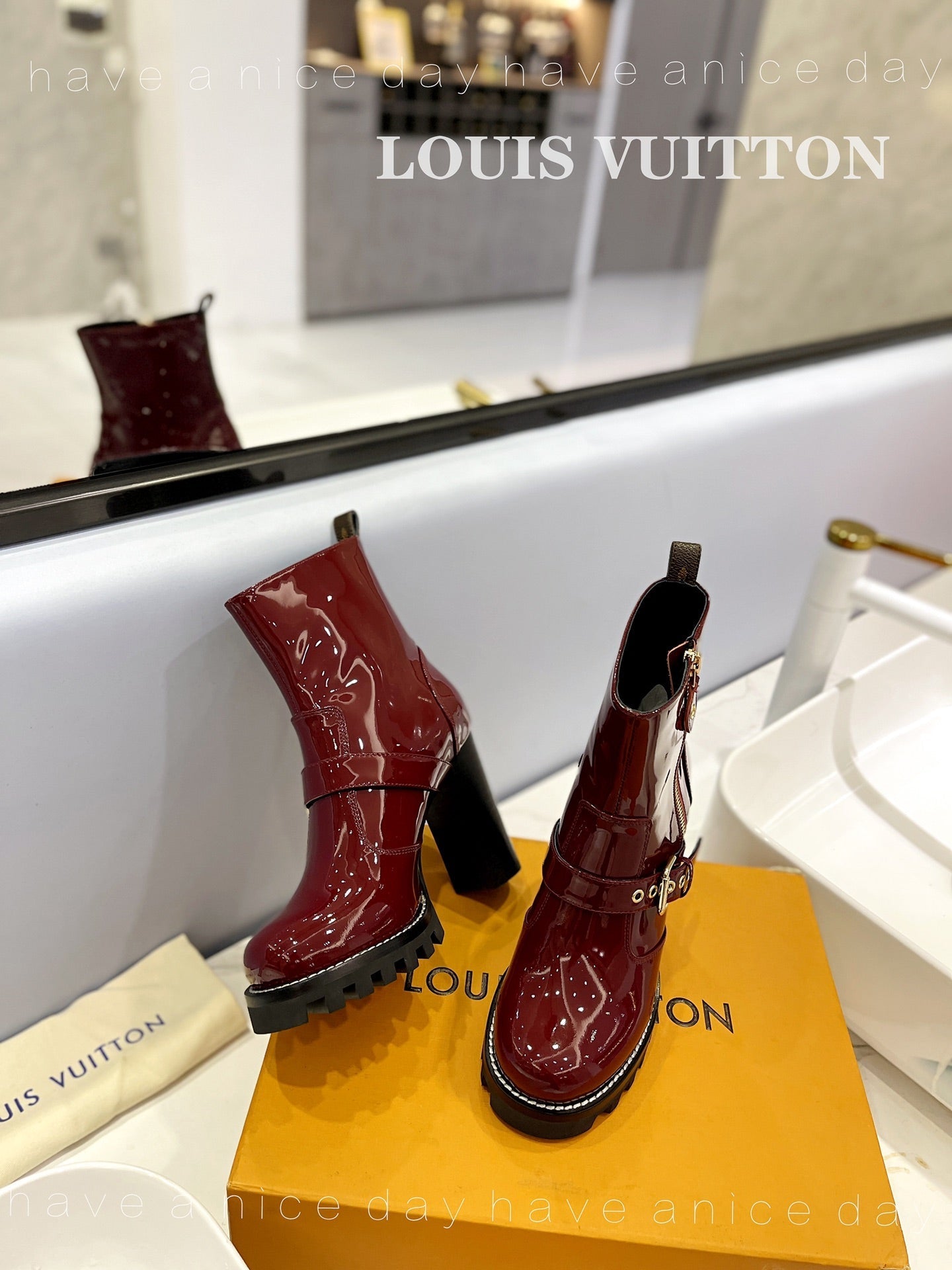LV Star Trail Buckle Detail Boots 10.5 Burgundy Patent Leather 573944