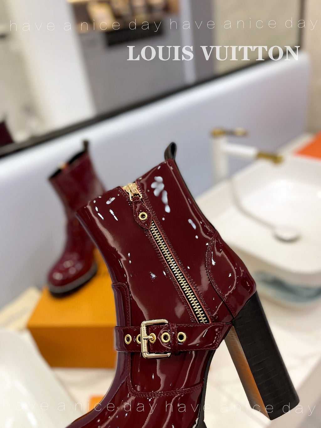 LV Star Trail Buckle Detail Boots 10.5 Burgundy Patent Leather 573944