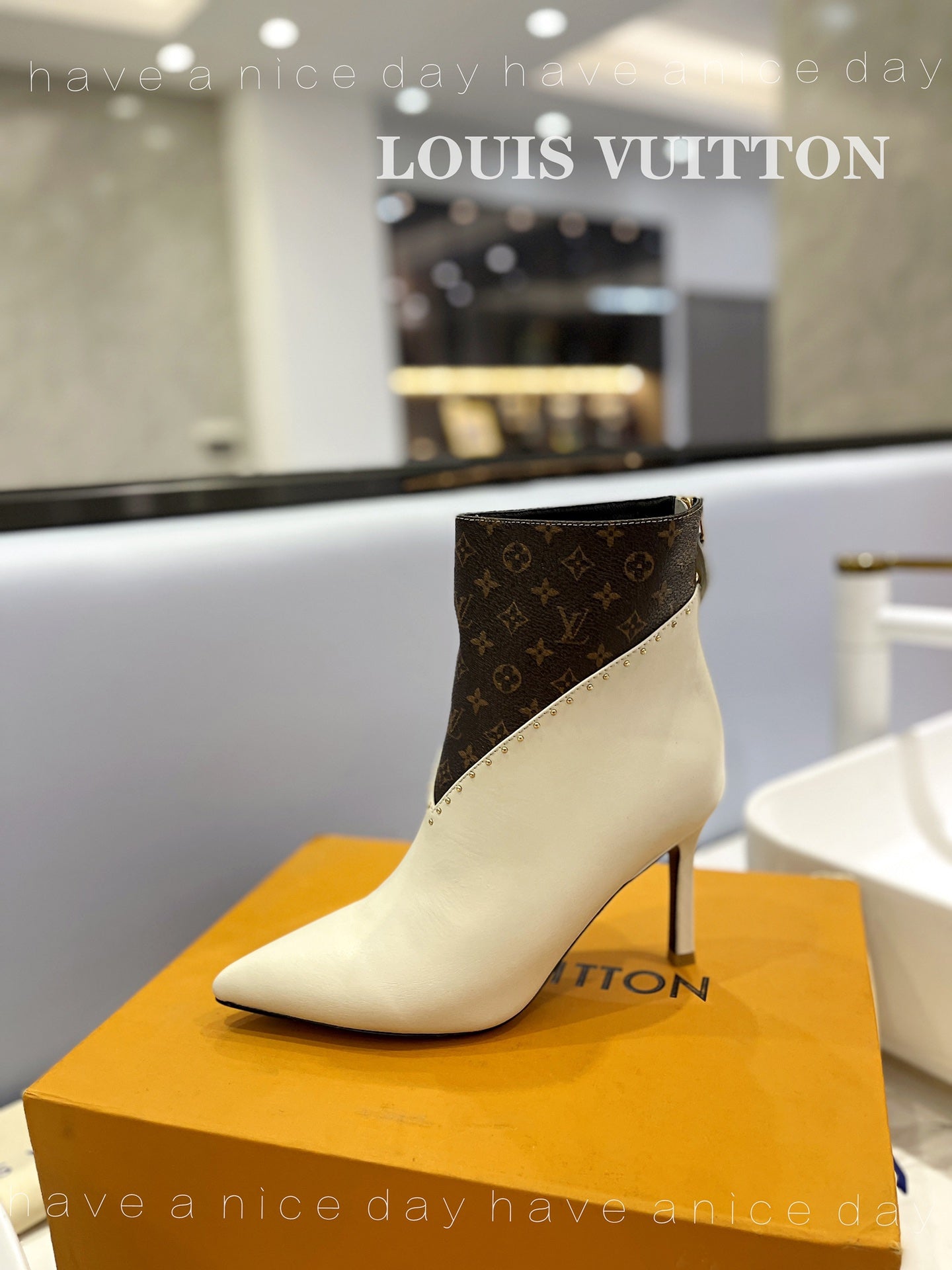 LV Cherie Ankle Boots 9cm Cream Calfskin Monogram Canvas