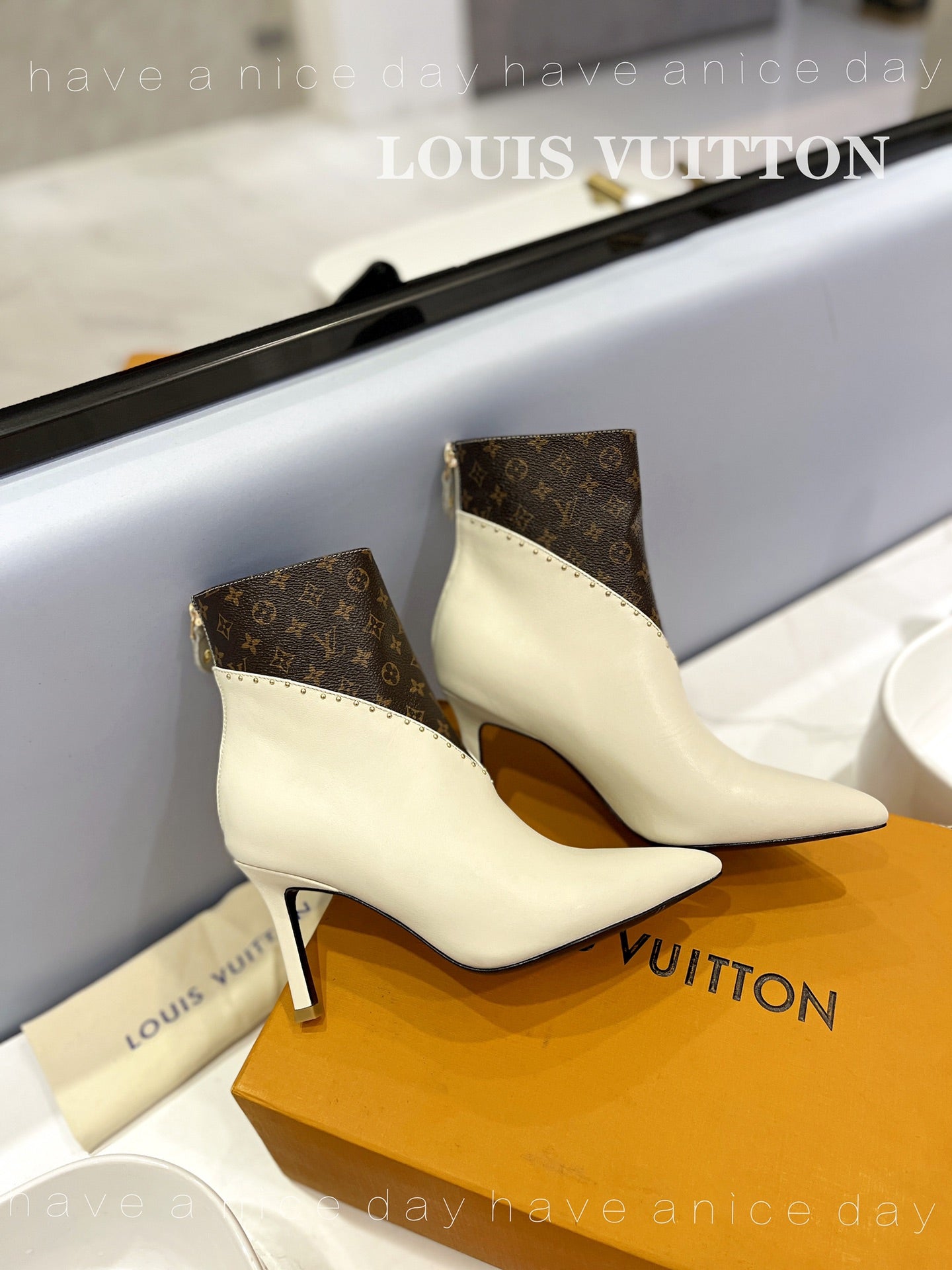 LV Cherie Ankle Boots 9cm Cream Calfskin Monogram Canvas