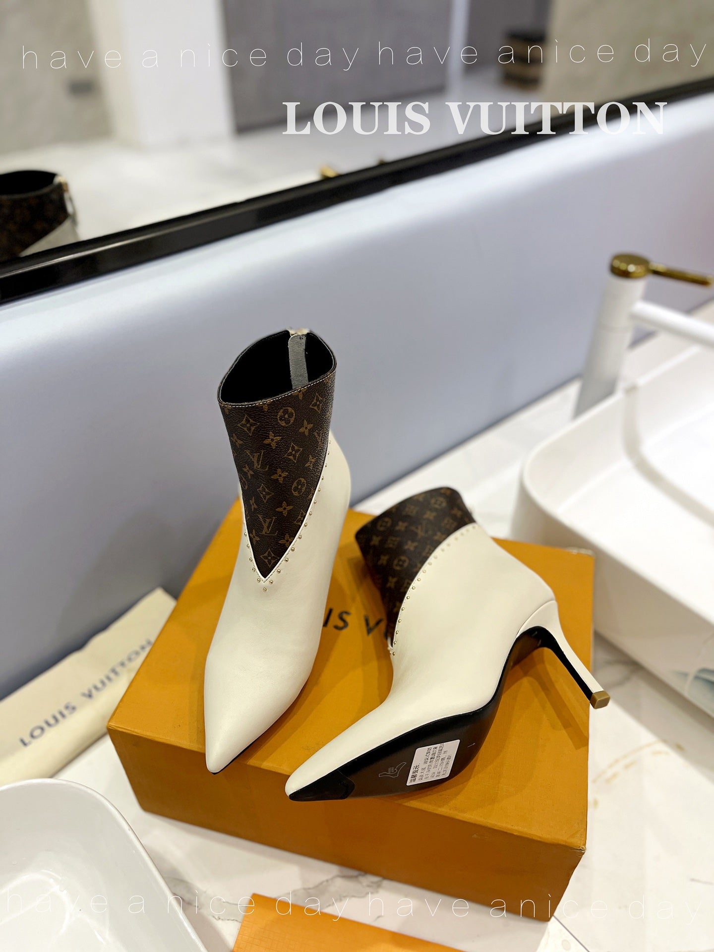 LV Cherie Ankle Boots 9cm Cream Calfskin Monogram Canvas