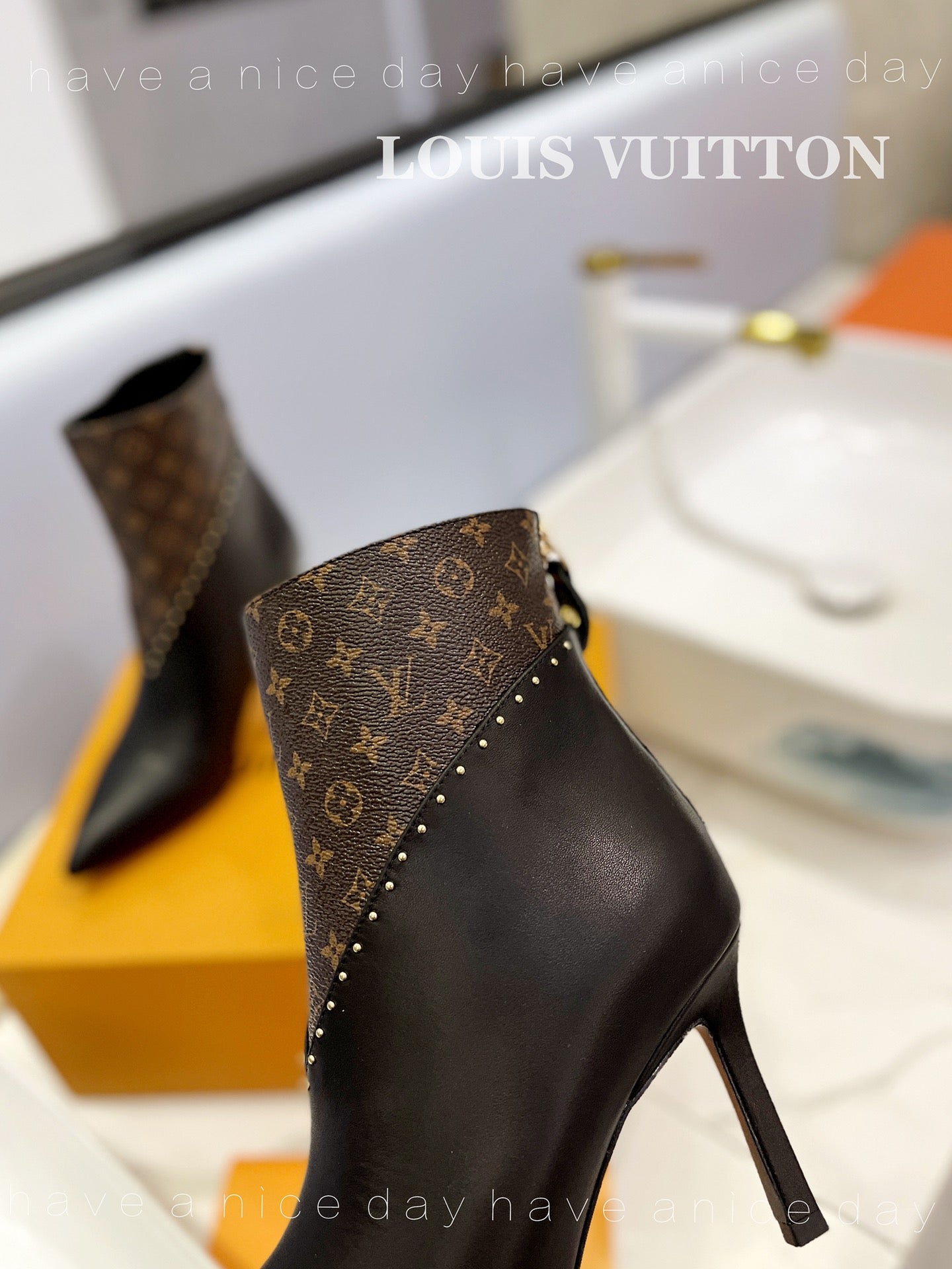 LV Cherie Ankle Boots 9cm Black Calfskin Monogram Canvas