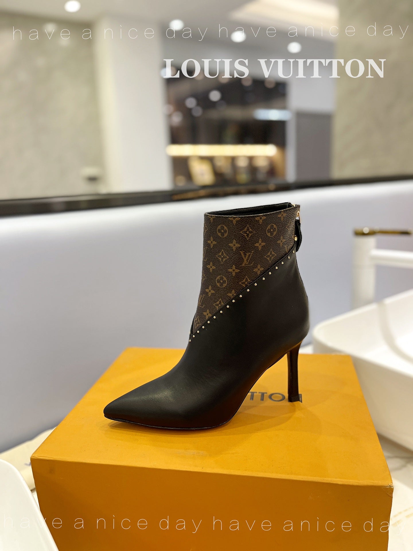 LV Cherie Ankle Boots 9cm Black Calfskin Monogram Canvas