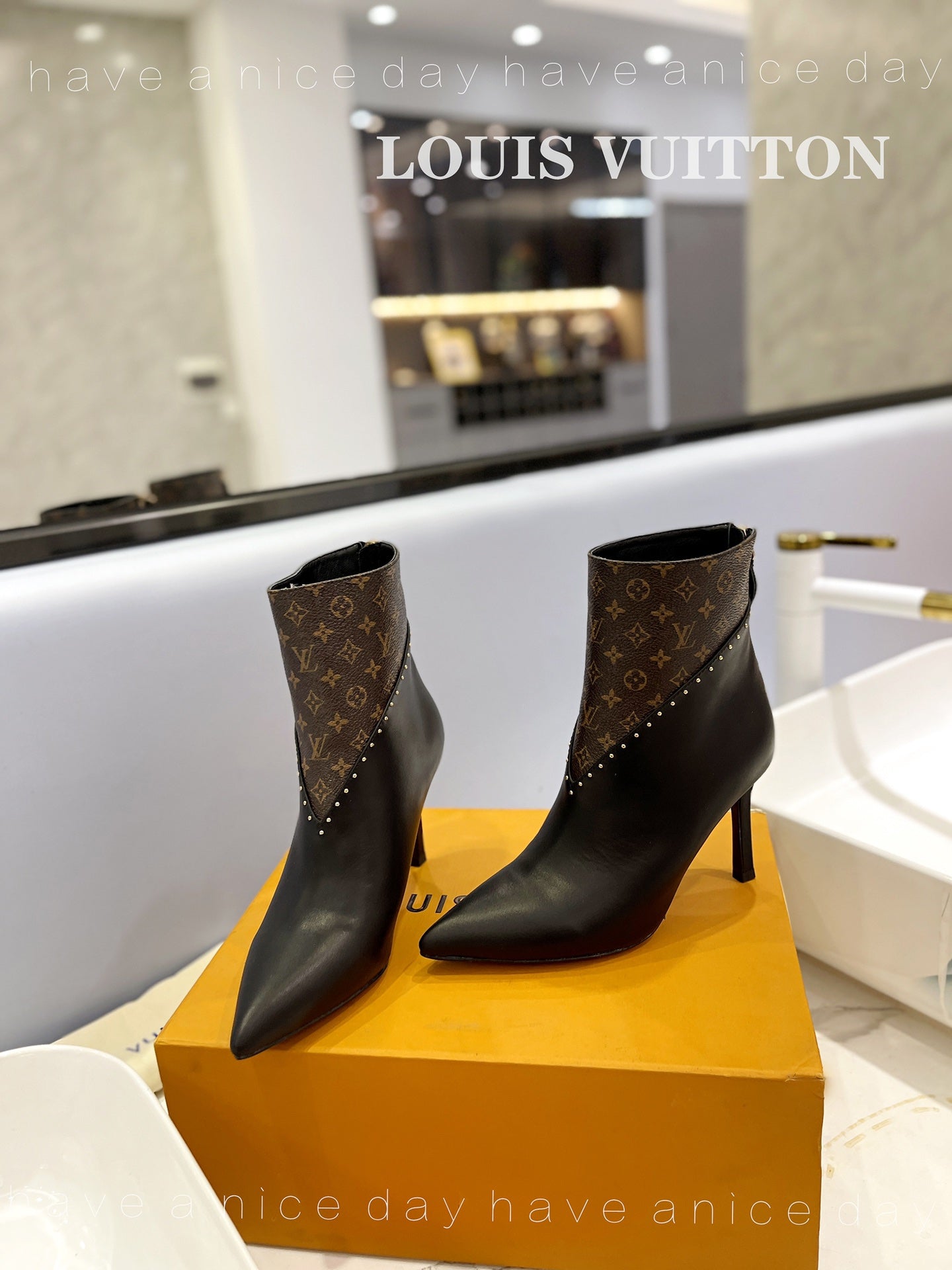 LV Cherie Ankle Boots 9cm Black Calfskin Monogram Canvas