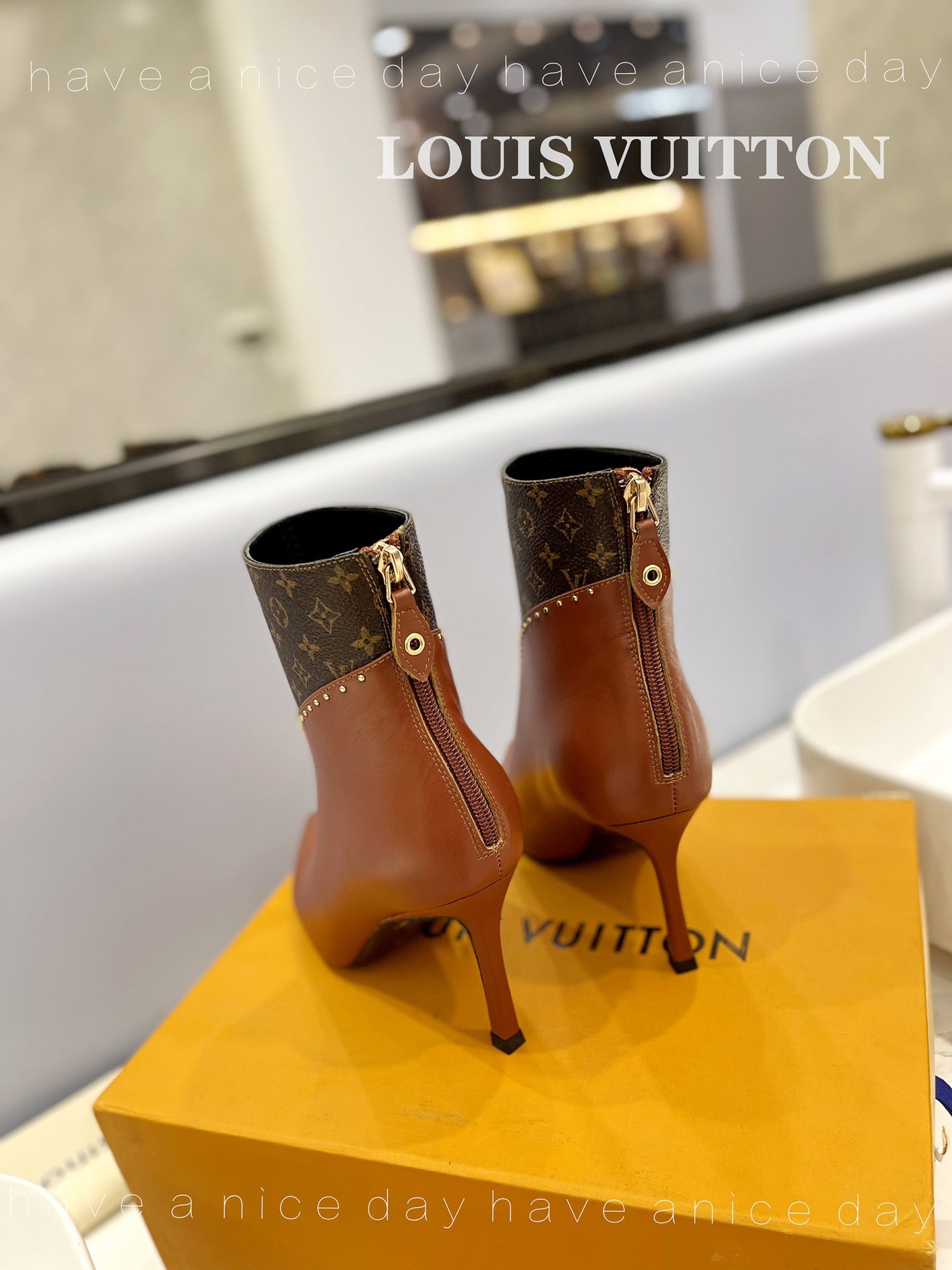 LV Cherie Ankle Boots 9cm Brown Calfskin Monogram Canvas