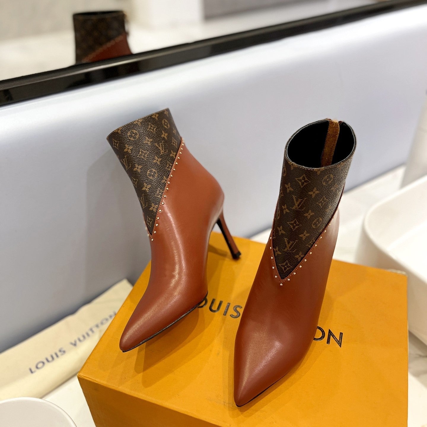 LV Cherie Ankle Boots 9cm Brown Calfskin Monogram Canvas