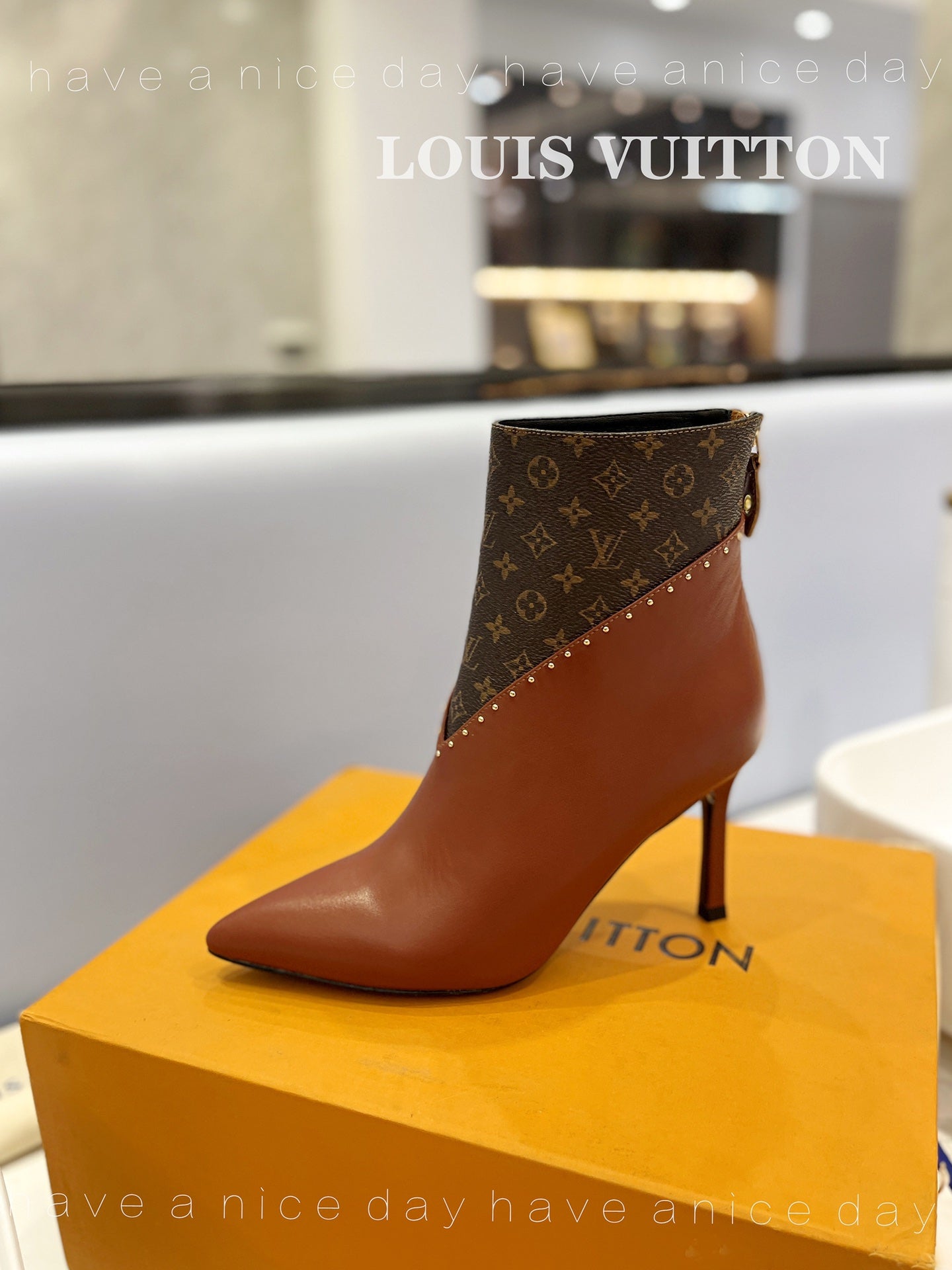 LV Cherie Ankle Boots 9cm Brown Calfskin Monogram Canvas