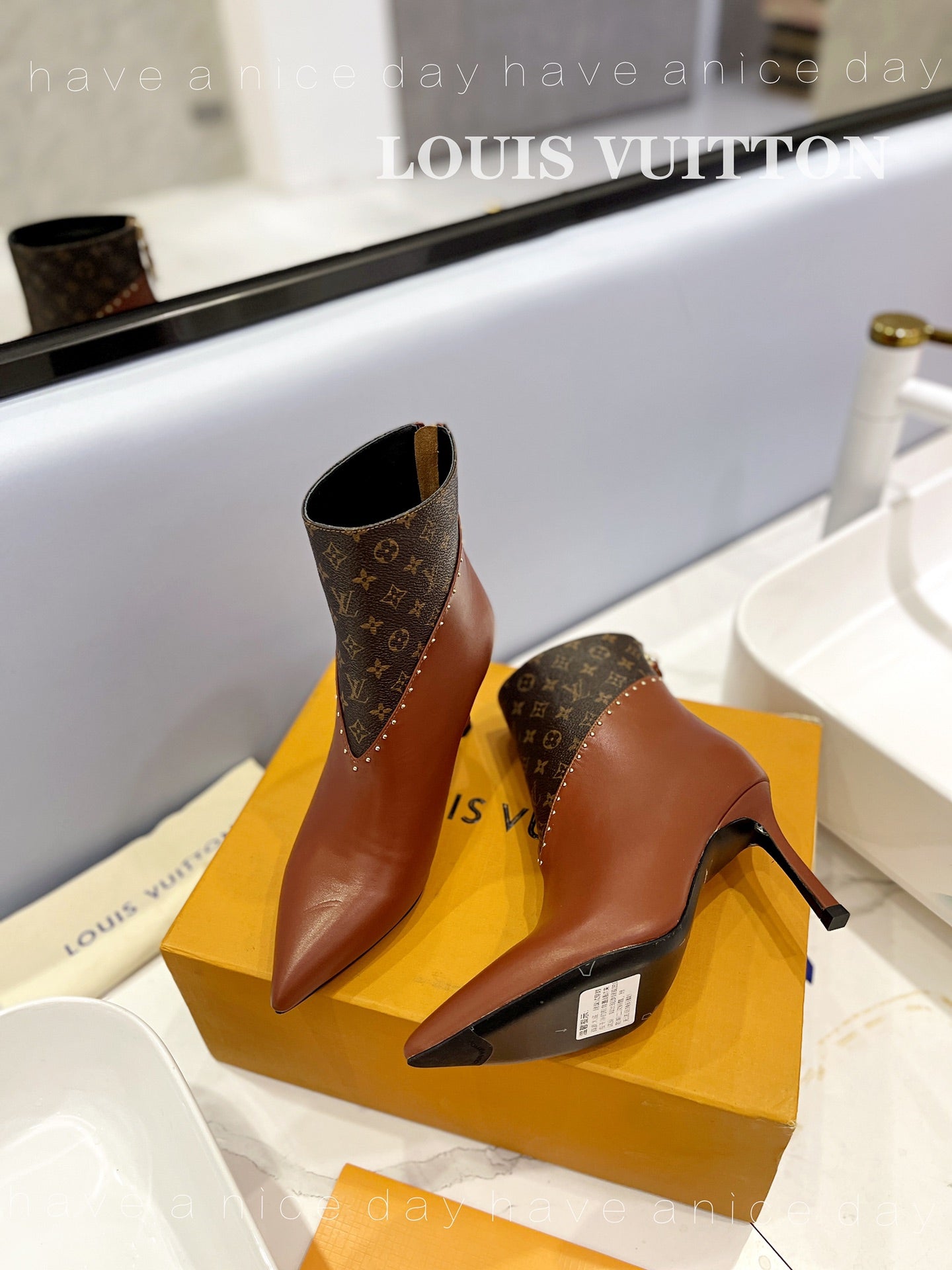 LV Cherie Ankle Boots 9cm Brown Calfskin Monogram Canvas