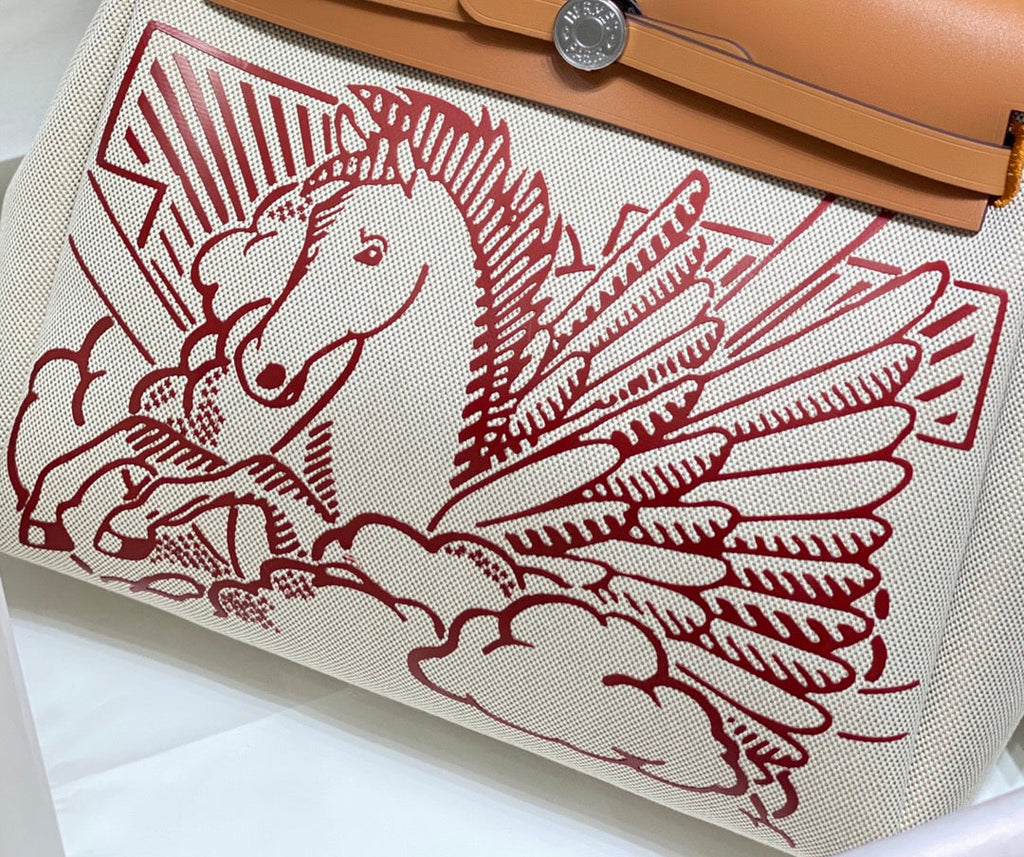 HM Pegase Pop Herbag Zip 31 White Brown Canvas Black Cowhide Leather