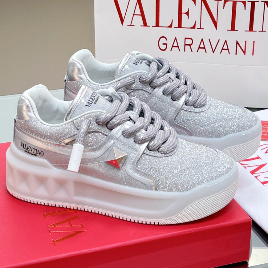 VT 2025 Garavani Sneakers Silver Leather Glitter Fabric 546991