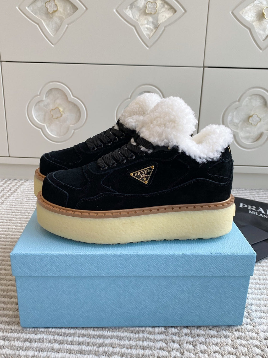 Prada Mid-Top Sneakers Black Suede White Shearing 564154