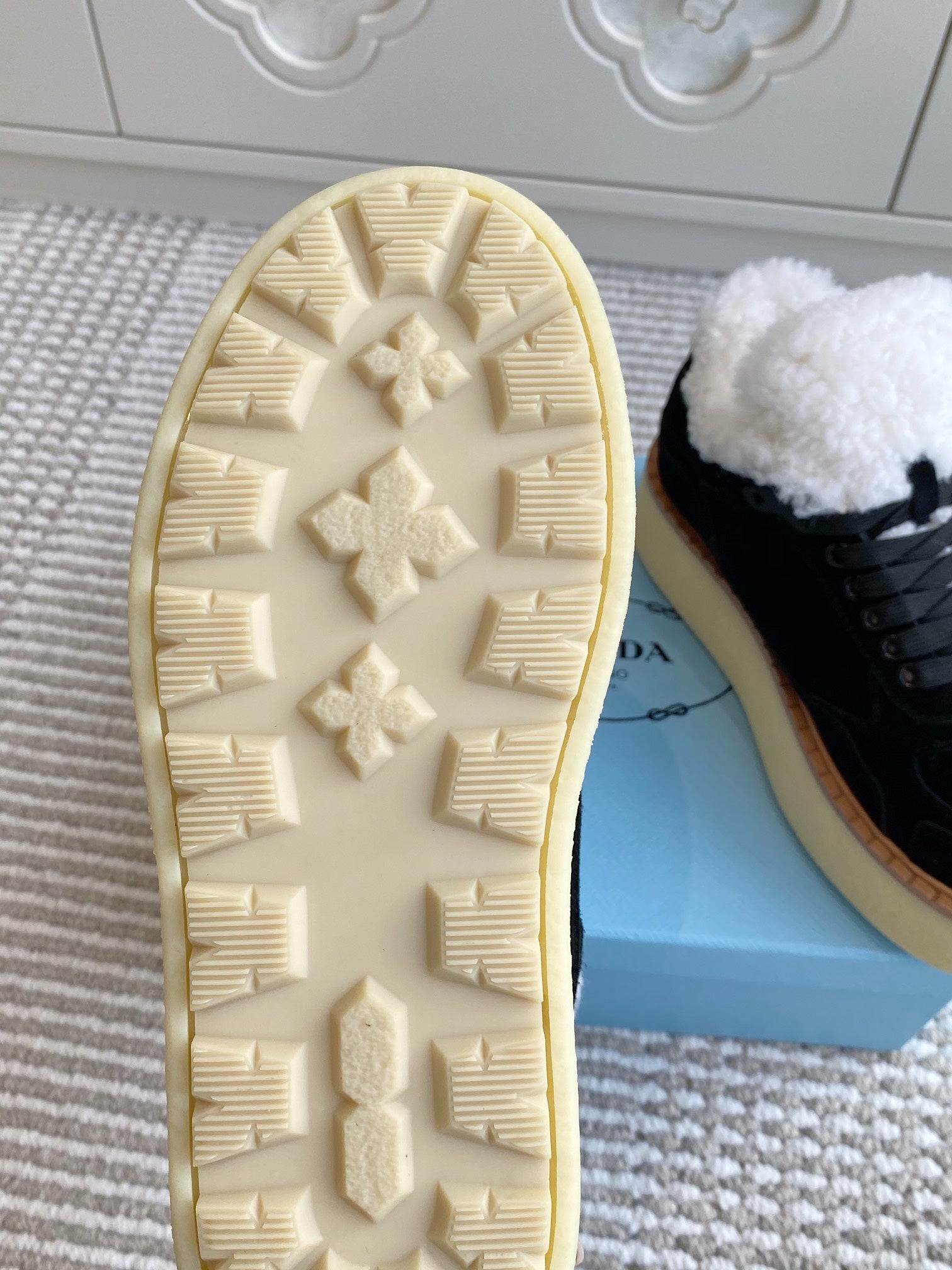 Prada Mid-Top Sneakers Black Suede White Shearing 564154