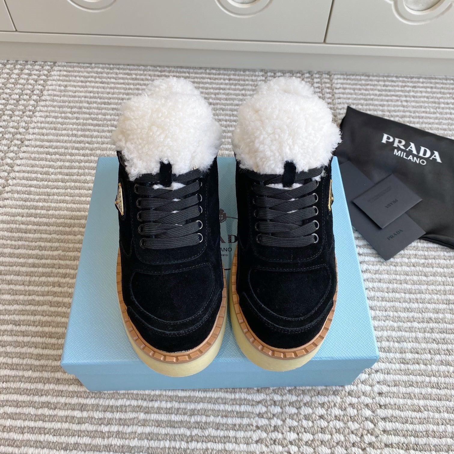 Prada Mid-Top Sneakers Black Suede White Shearing 564154