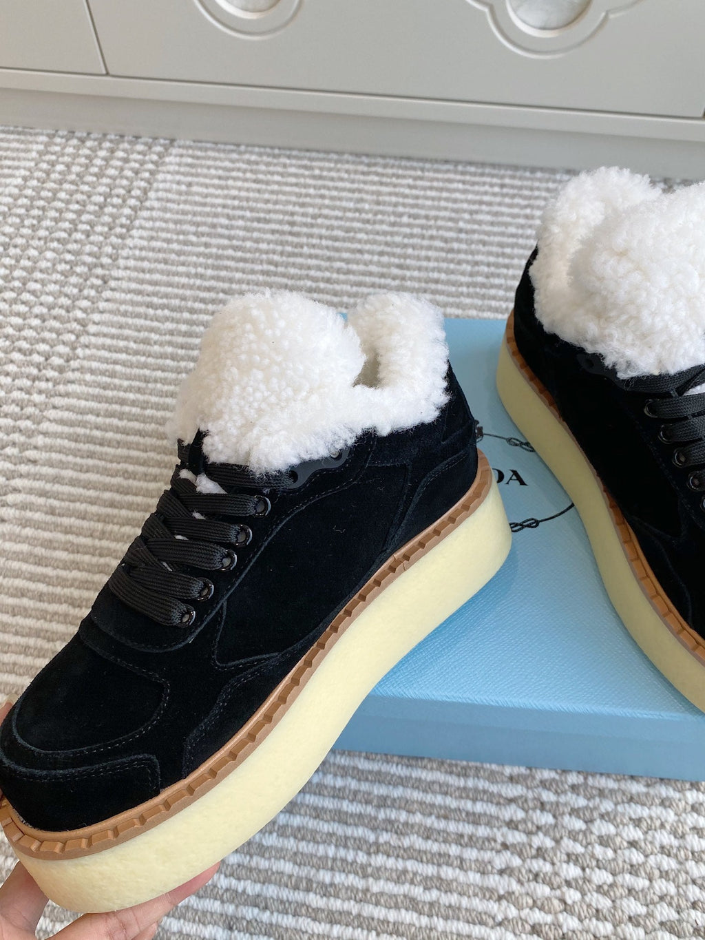 Prada Mid-Top Sneakers Black Suede White Shearing 564154