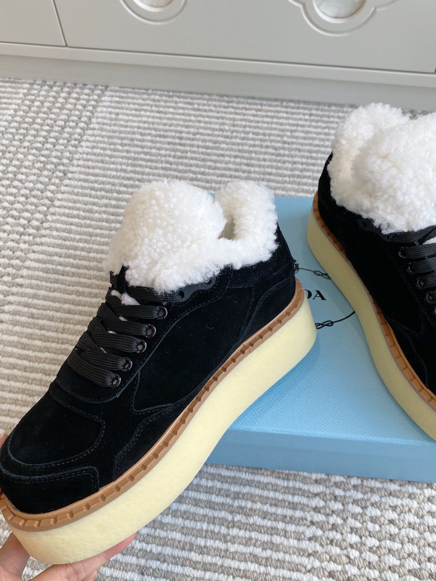 Prada Mid-Top Sneakers Black Suede White Shearing 564154