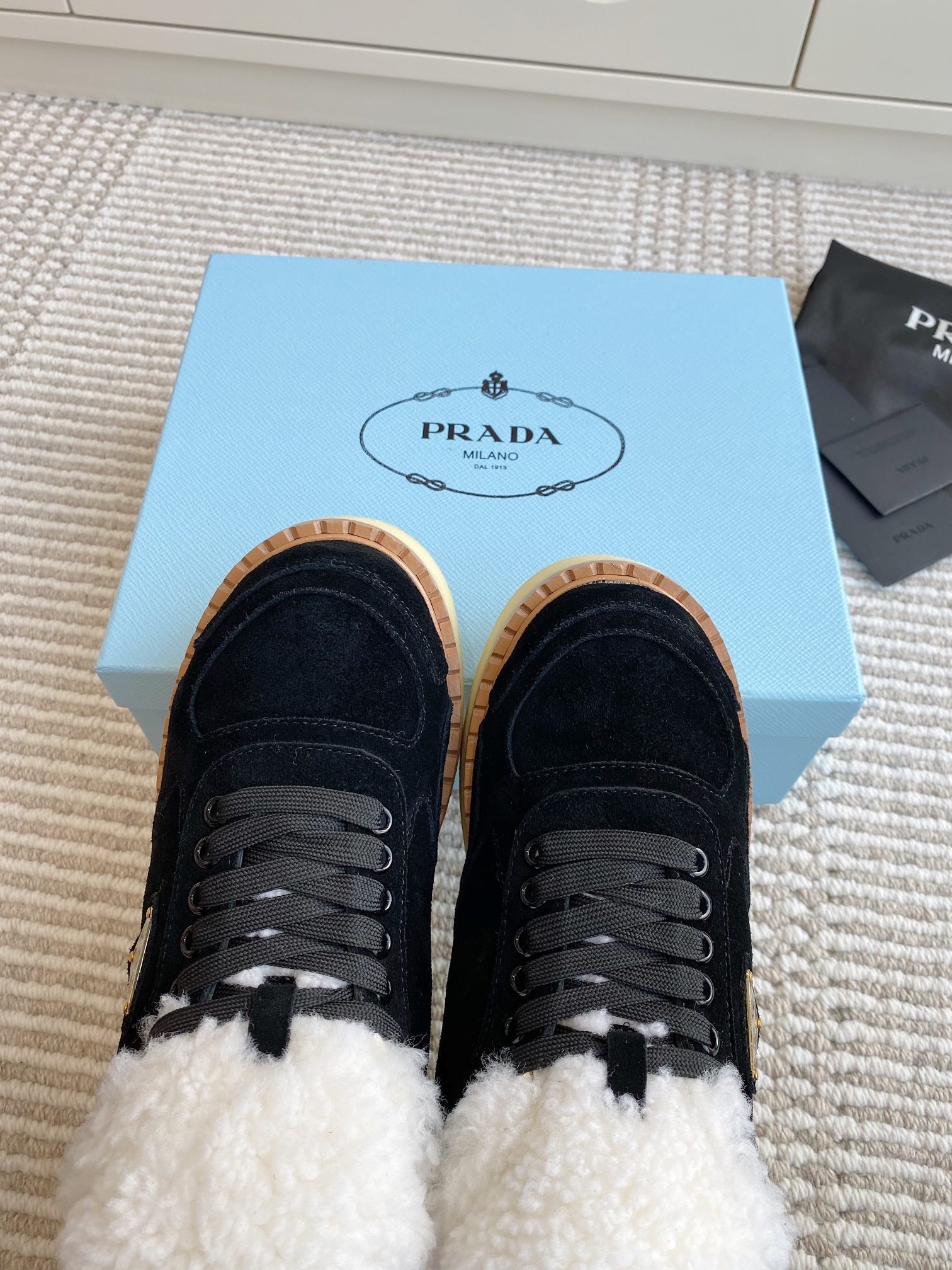 Prada Mid-Top Sneakers Black Suede White Shearing 564154