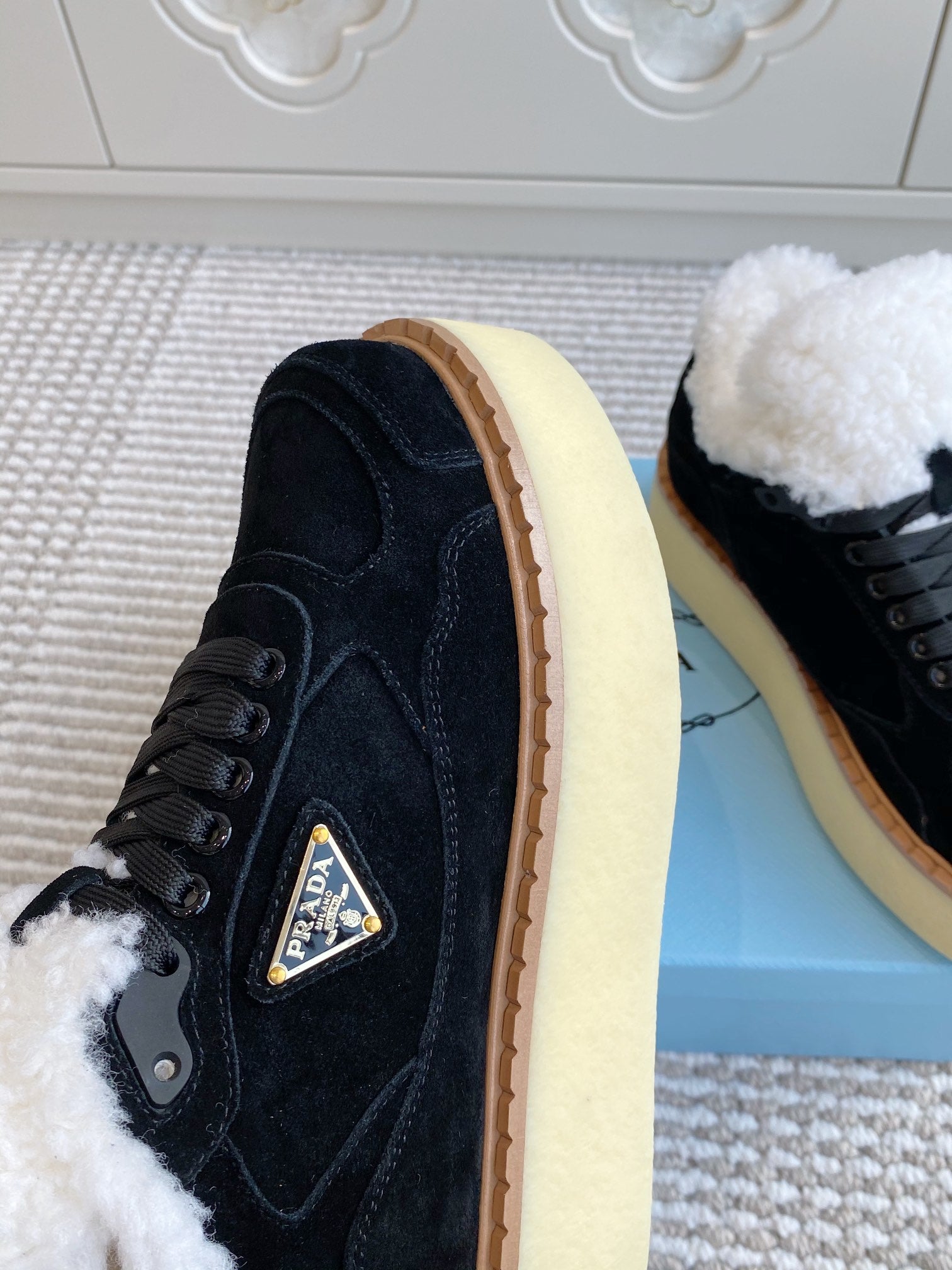 Prada Mid-Top Sneakers Black Suede White Shearing 564154