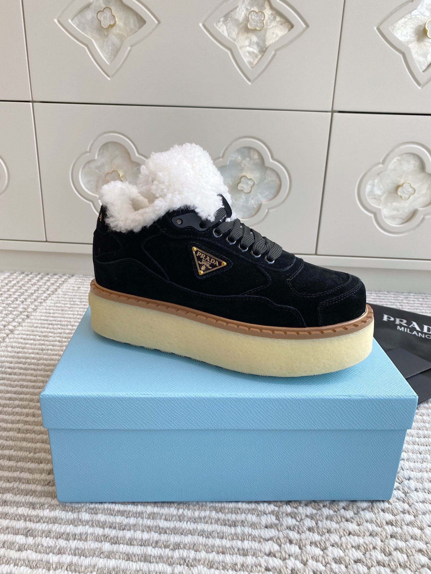 Prada Mid-Top Sneakers Black Suede White Shearing 564154