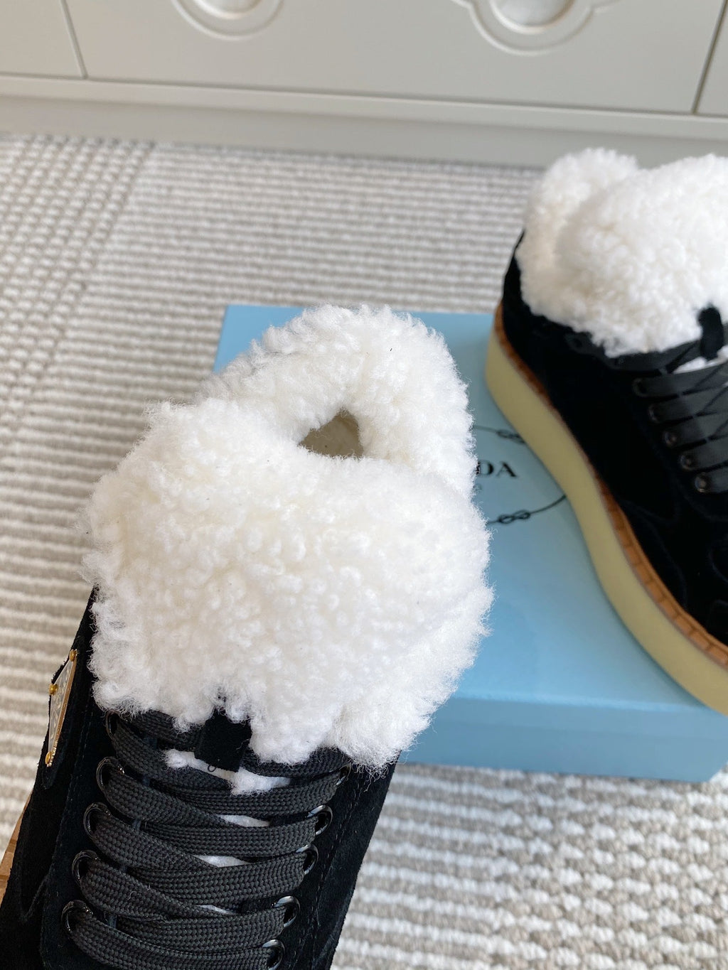 Prada Mid-Top Sneakers Black Suede White Shearing 564154