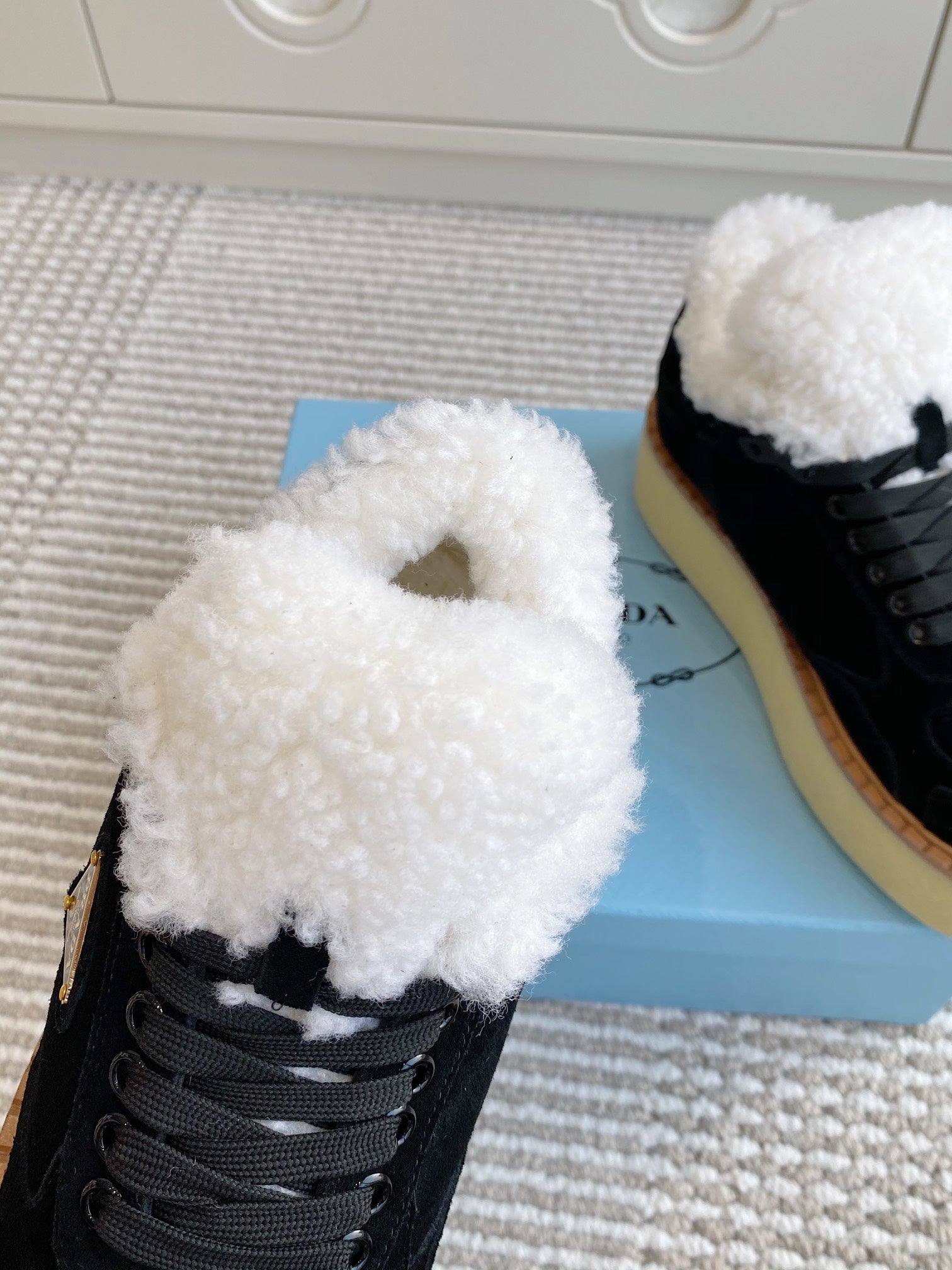 Prada Mid-Top Sneakers Black Suede White Shearing 564154