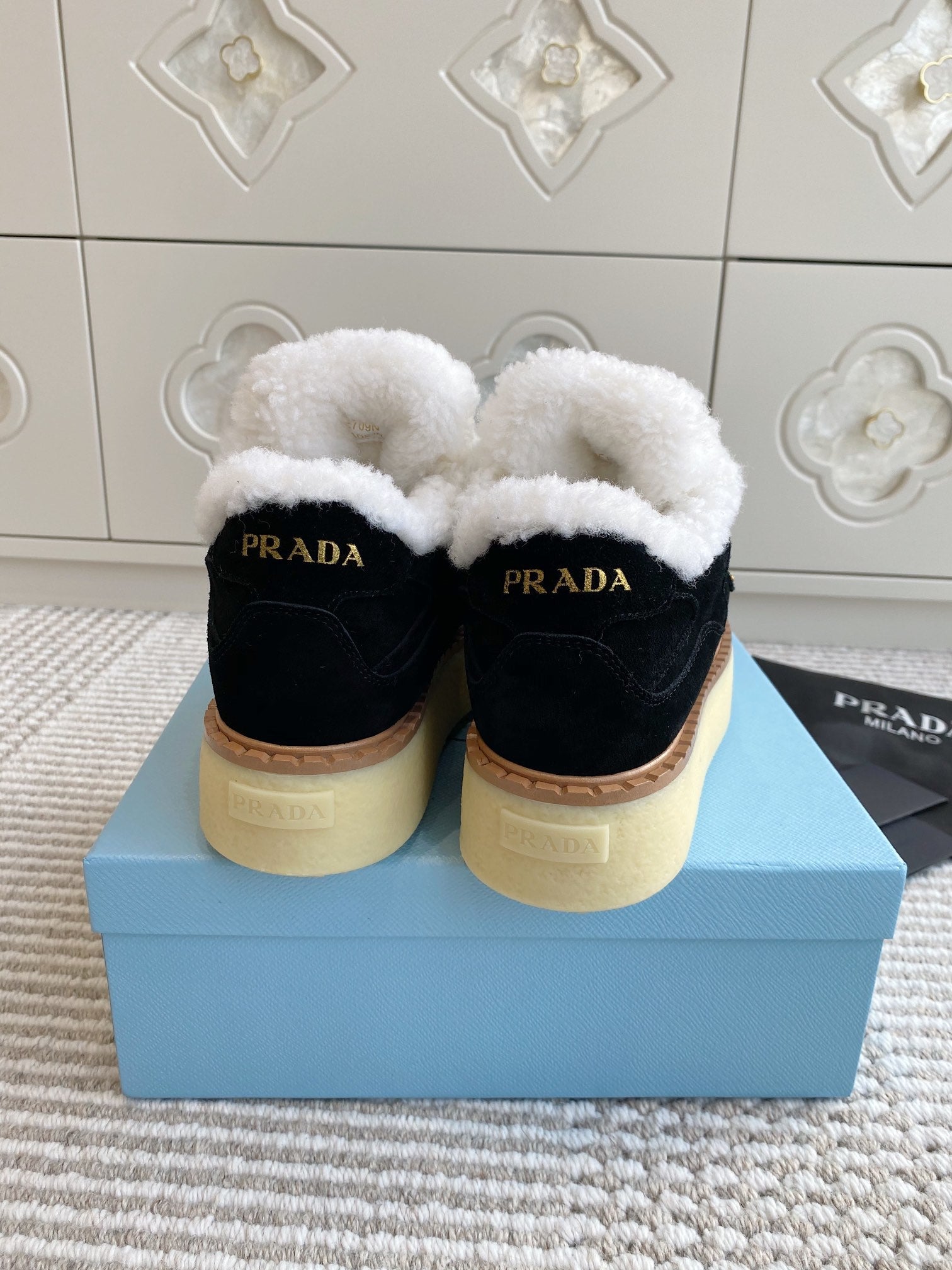 Prada Mid-Top Sneakers Black Suede White Shearing 564154