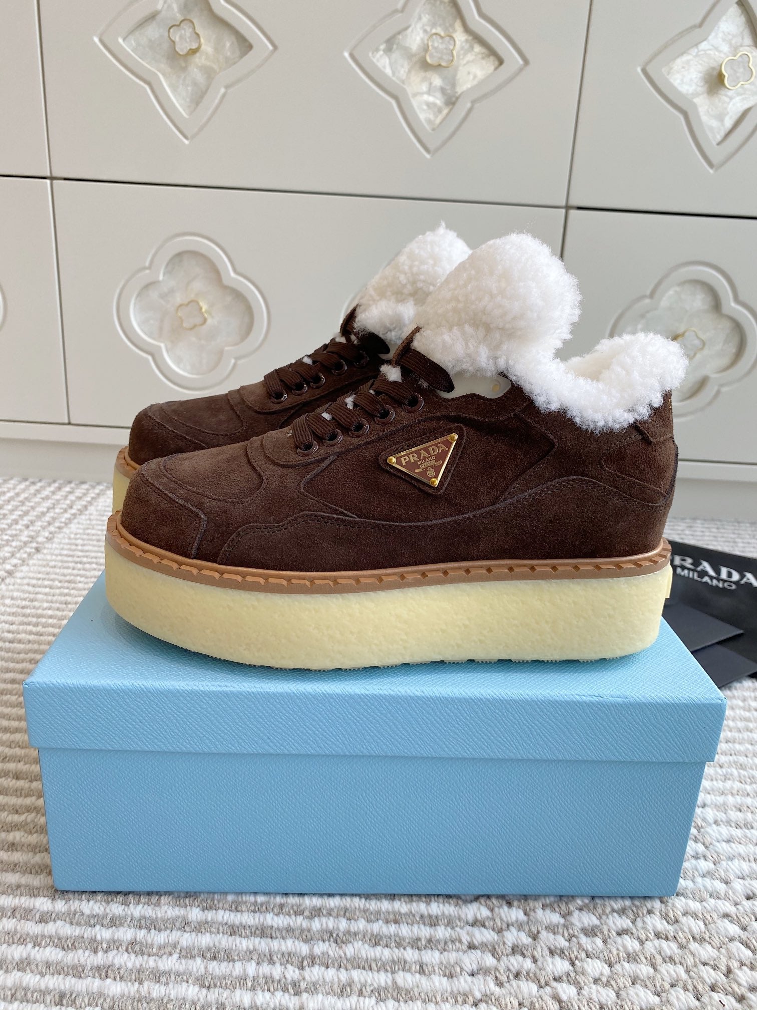 Prada Mid-Top Sneakers Coffee Brown Suede White Shearing 564155