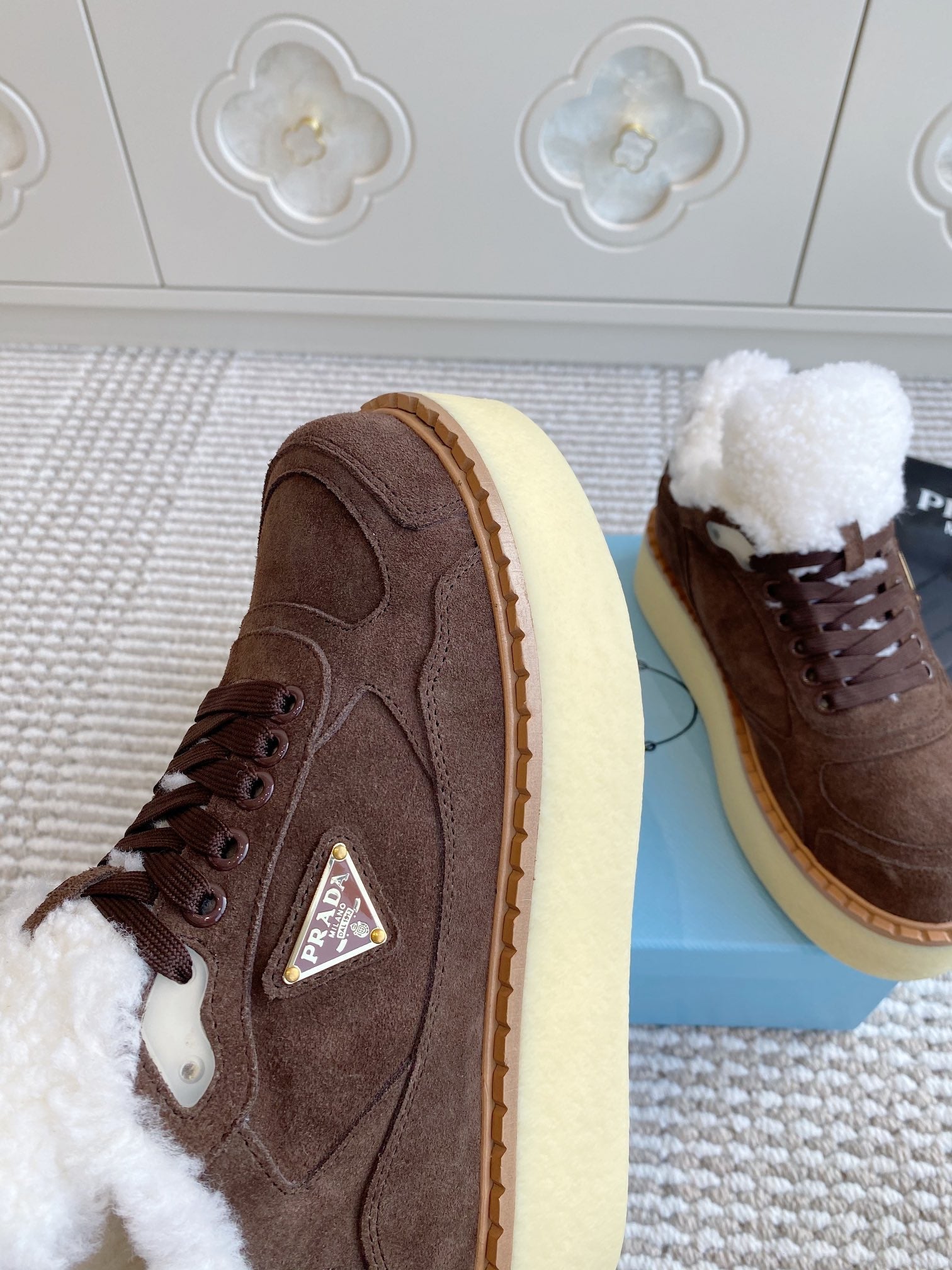 Prada Mid-Top Sneakers Coffee Brown Suede White Shearing 564155