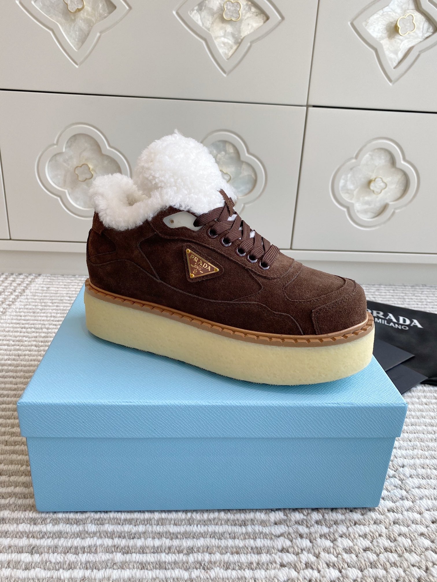 Prada Mid-Top Sneakers Coffee Brown Suede White Shearing 564155