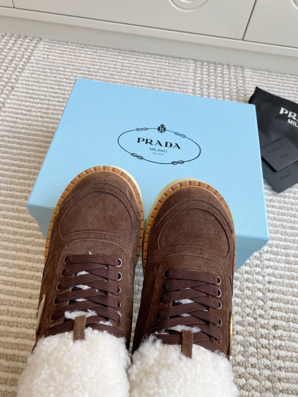 Prada Mid-Top Sneakers Coffee Brown Suede White Shearing 564155