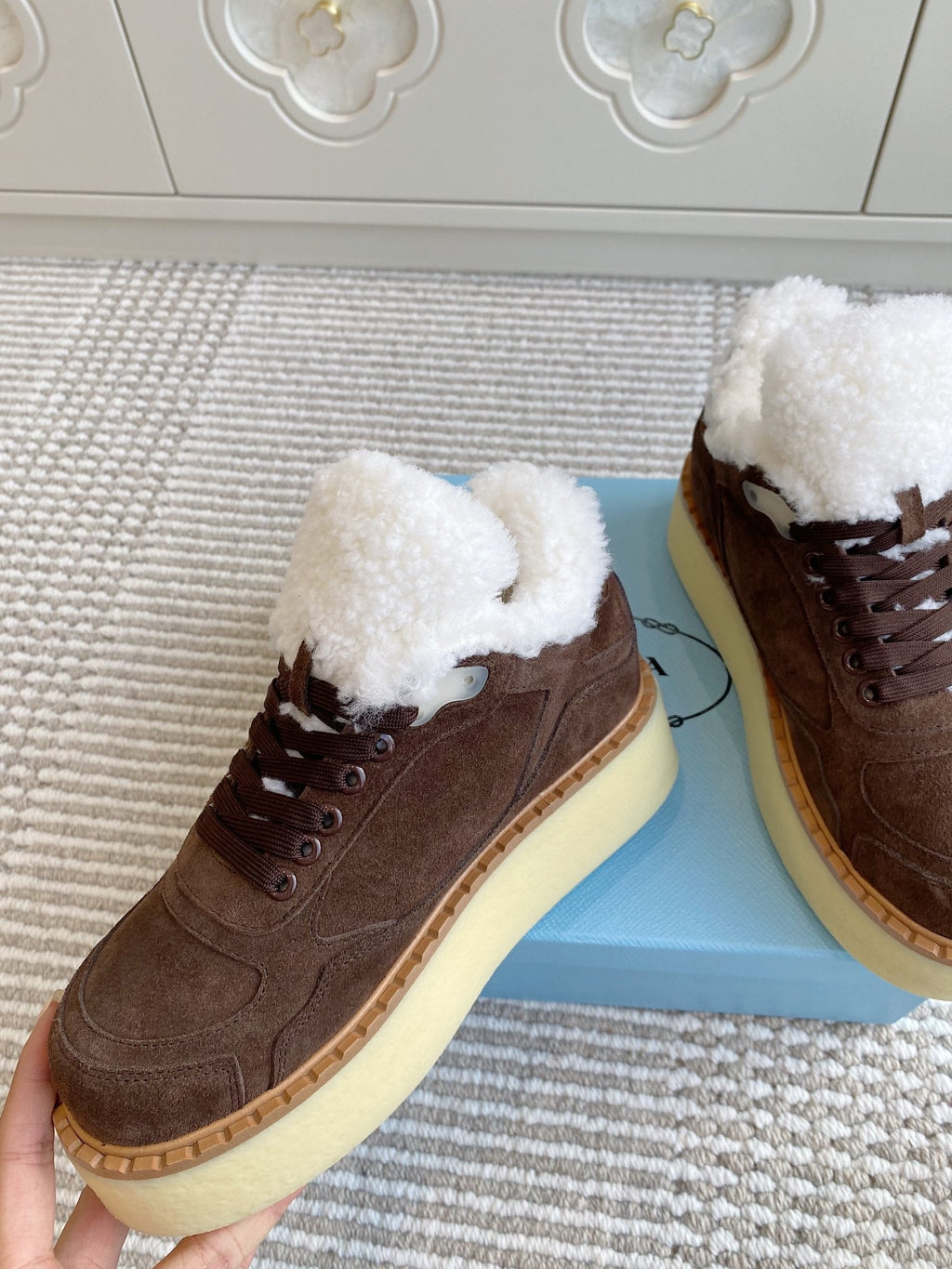 Prada Mid-Top Sneakers Coffee Brown Suede White Shearing 564155