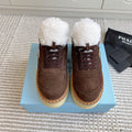 Prada Mid-Top Sneakers Coffee Brown Suede White Shearing 564155