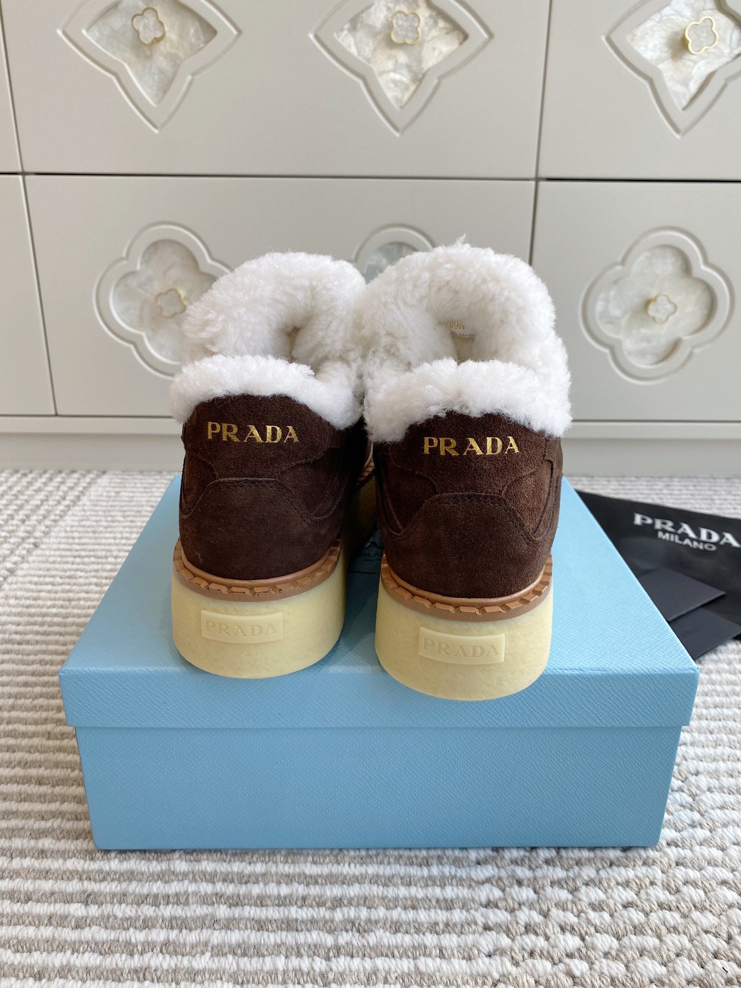 Prada Mid-Top Sneakers Coffee Brown Suede White Shearing 564155