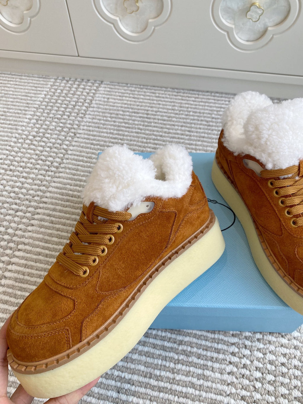 Prada Mid-Top Sneakers Caramel Suede White Shearing 564157