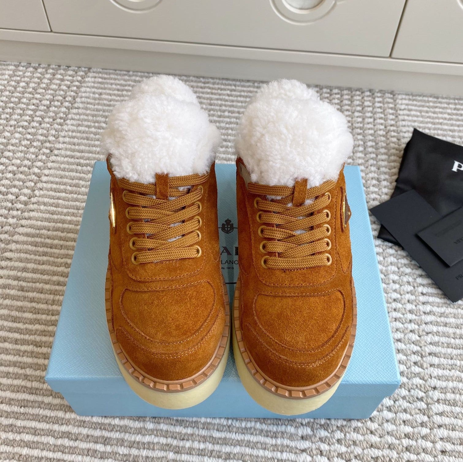 Prada Mid-Top Sneakers Caramel Suede White Shearing 564157