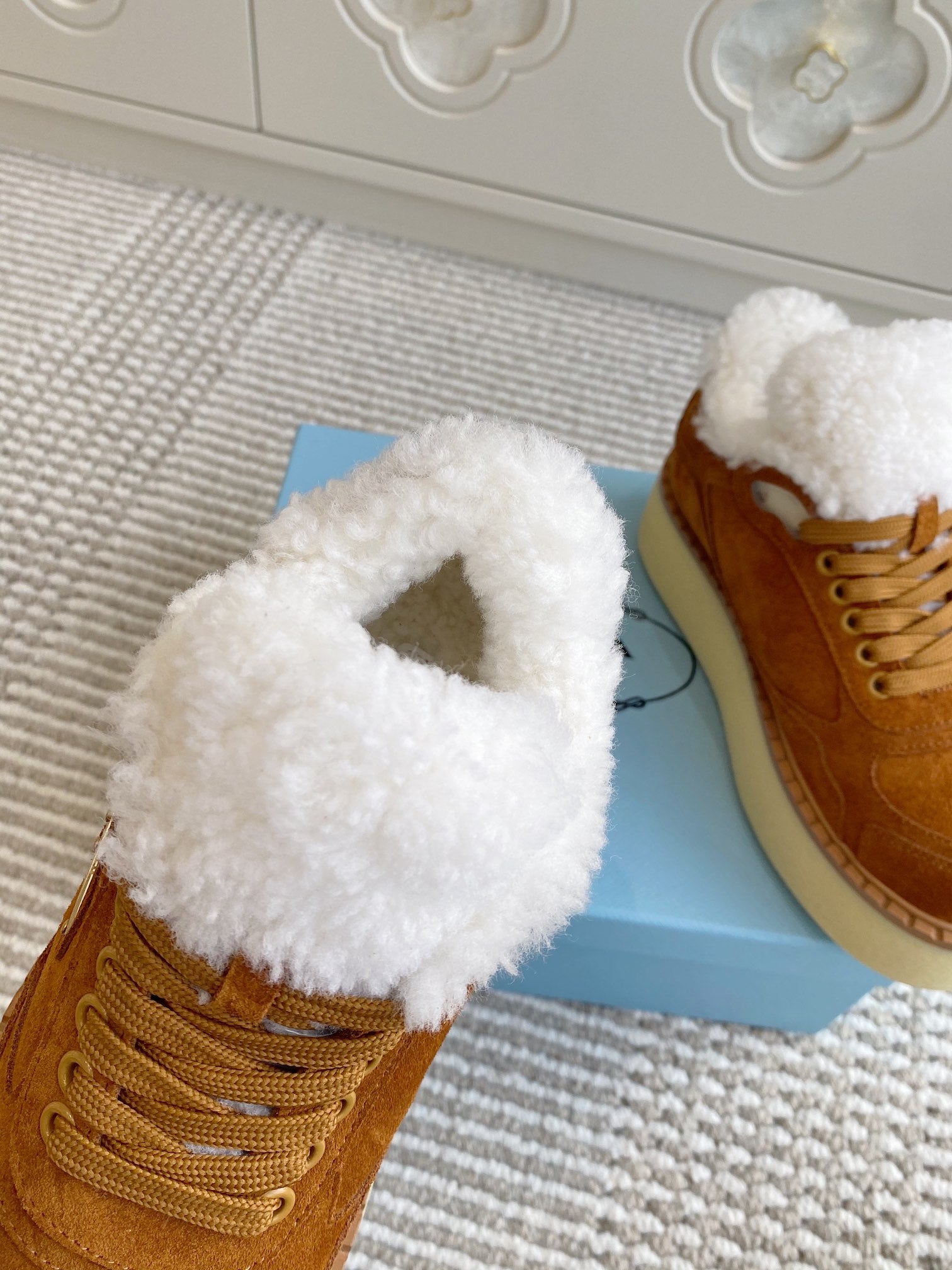 Prada Mid-Top Sneakers Caramel Suede White Shearing 564157