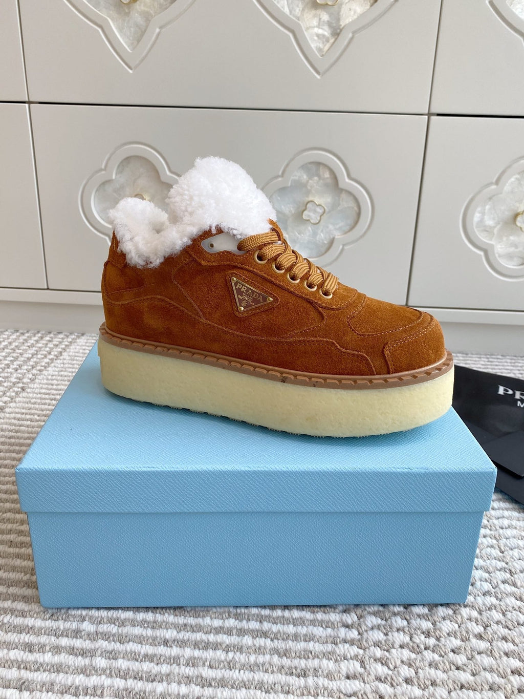 Prada Mid-Top Sneakers Caramel Suede White Shearing 564157