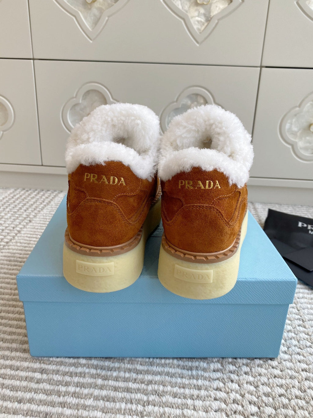 Prada Mid-Top Sneakers Caramel Suede White Shearing 564157