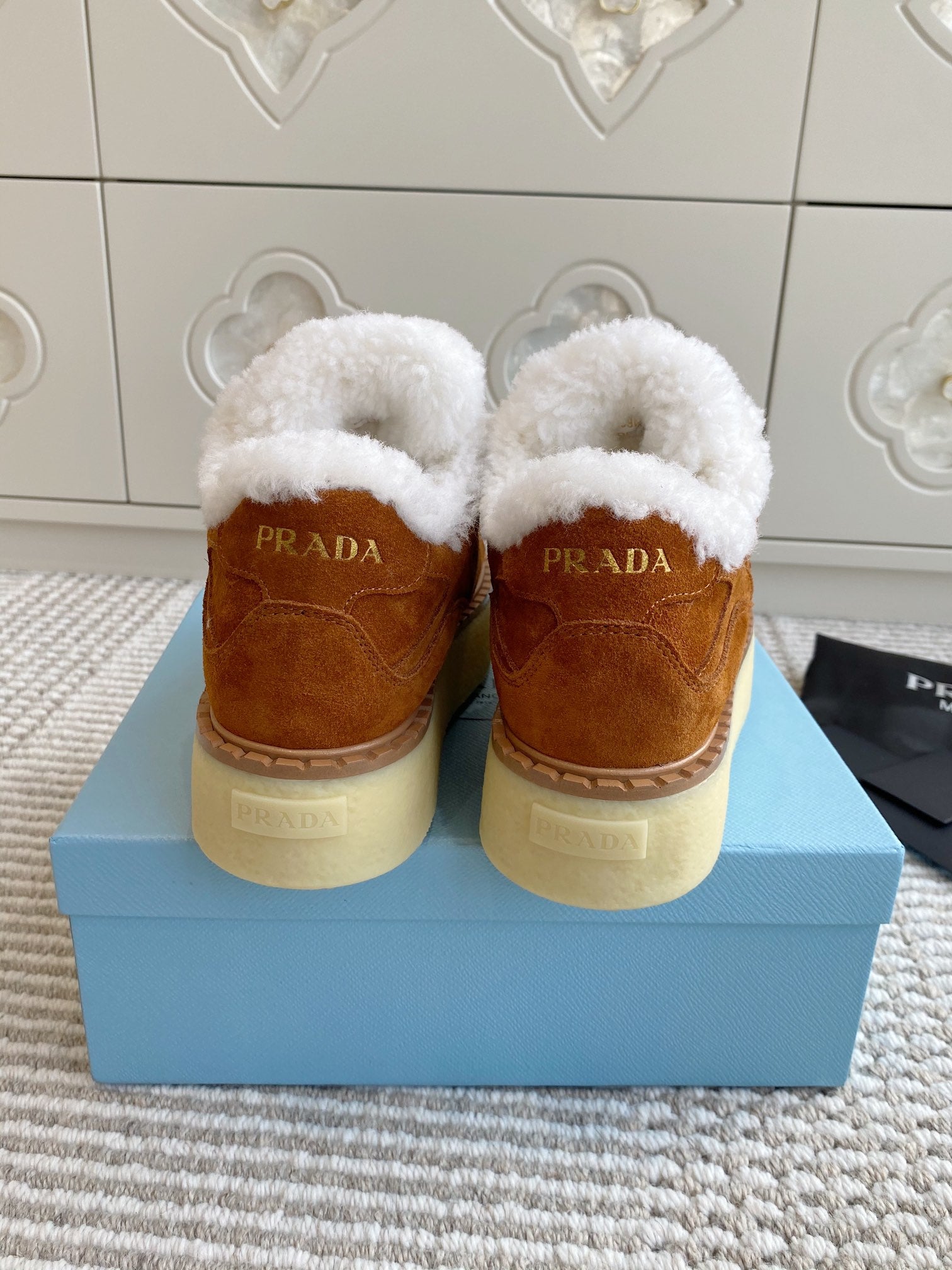 Prada Mid-Top Sneakers Caramel Suede White Shearing 564157