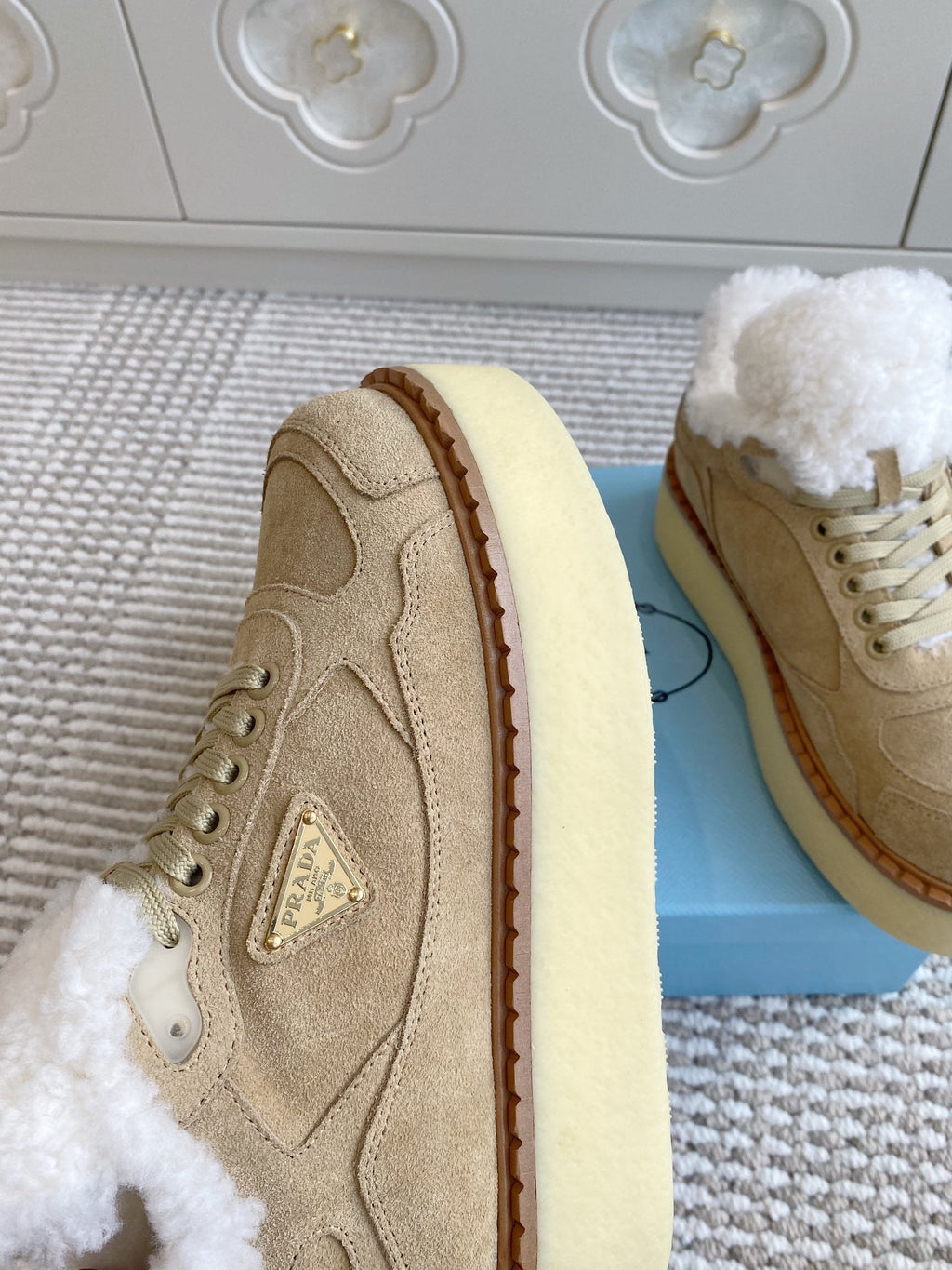 Prada Mid-Top Sneakers Light Khahi Suede White Shearing 564158