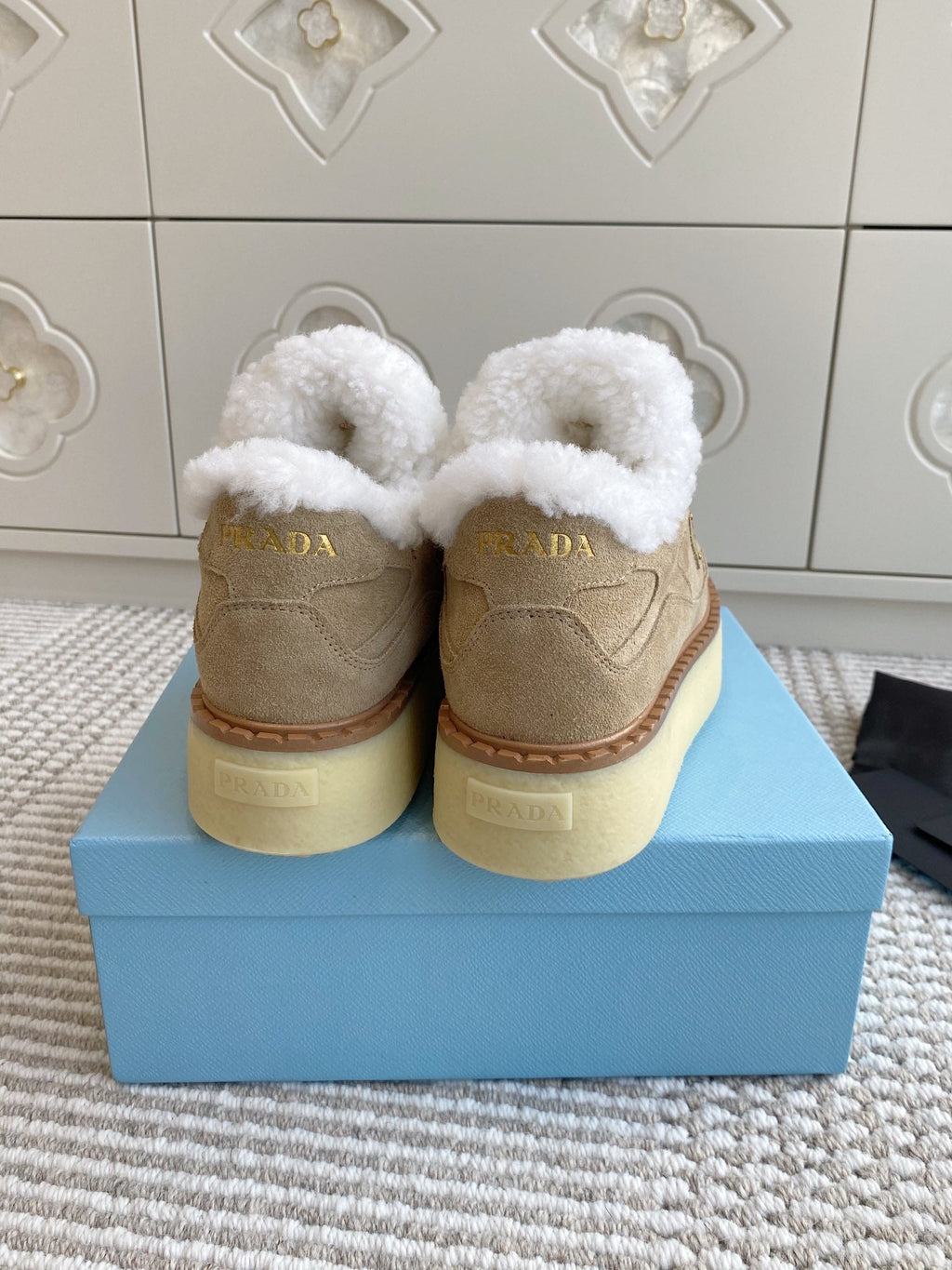 Prada Mid-Top Sneakers Light Khahi Suede White Shearing 564158