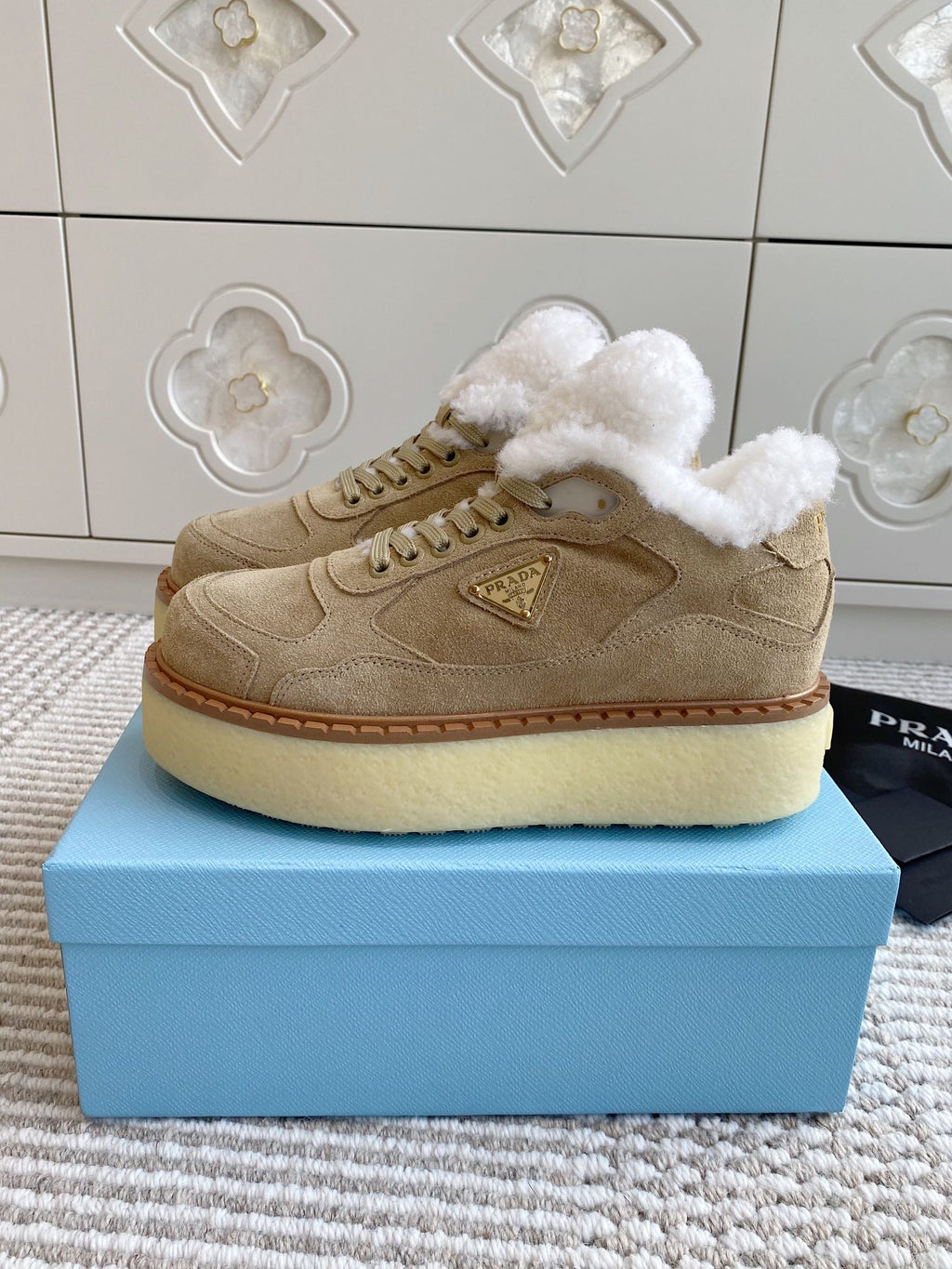 Prada Mid-Top Sneakers Light Khahi Suede White Shearing 564158