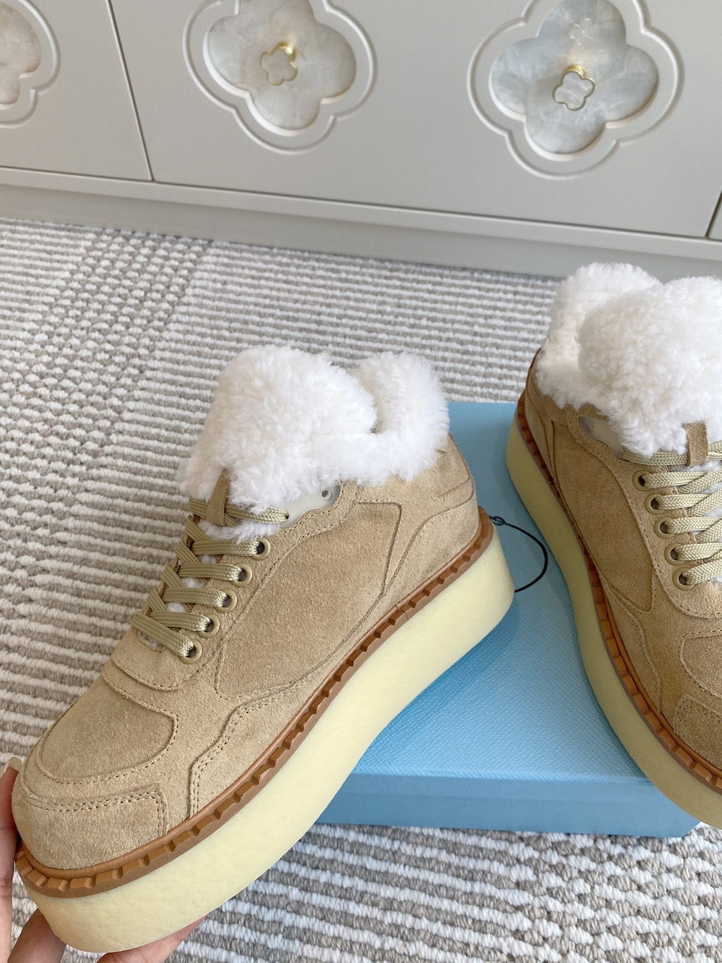 Prada Mid-Top Sneakers Light Khahi Suede White Shearing 564158