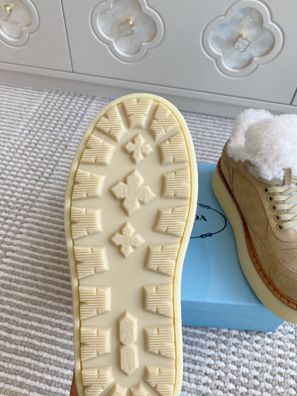 Prada Mid-Top Sneakers Light Khahi Suede White Shearing 564158