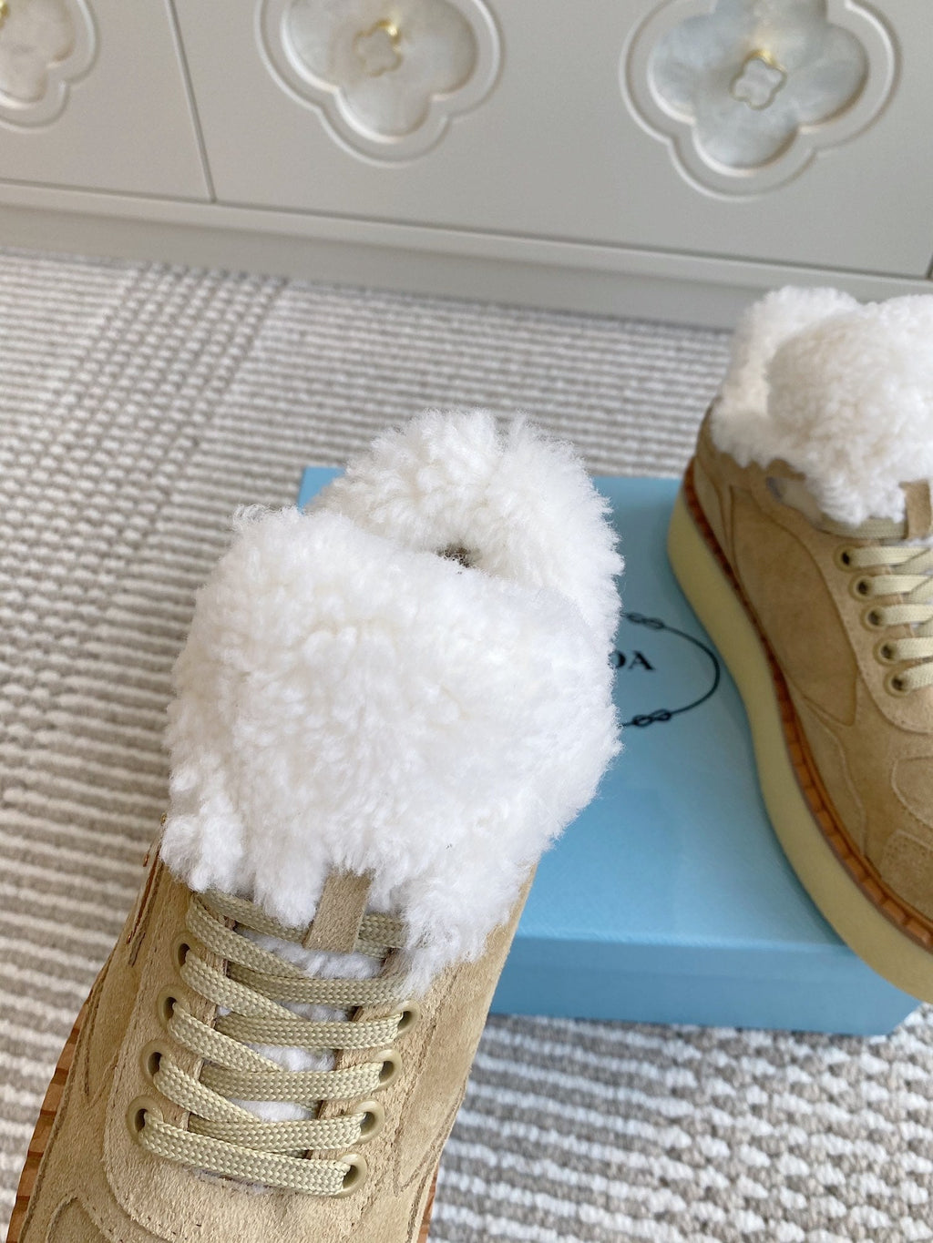 Prada Mid-Top Sneakers Light Khahi Suede White Shearing 564158