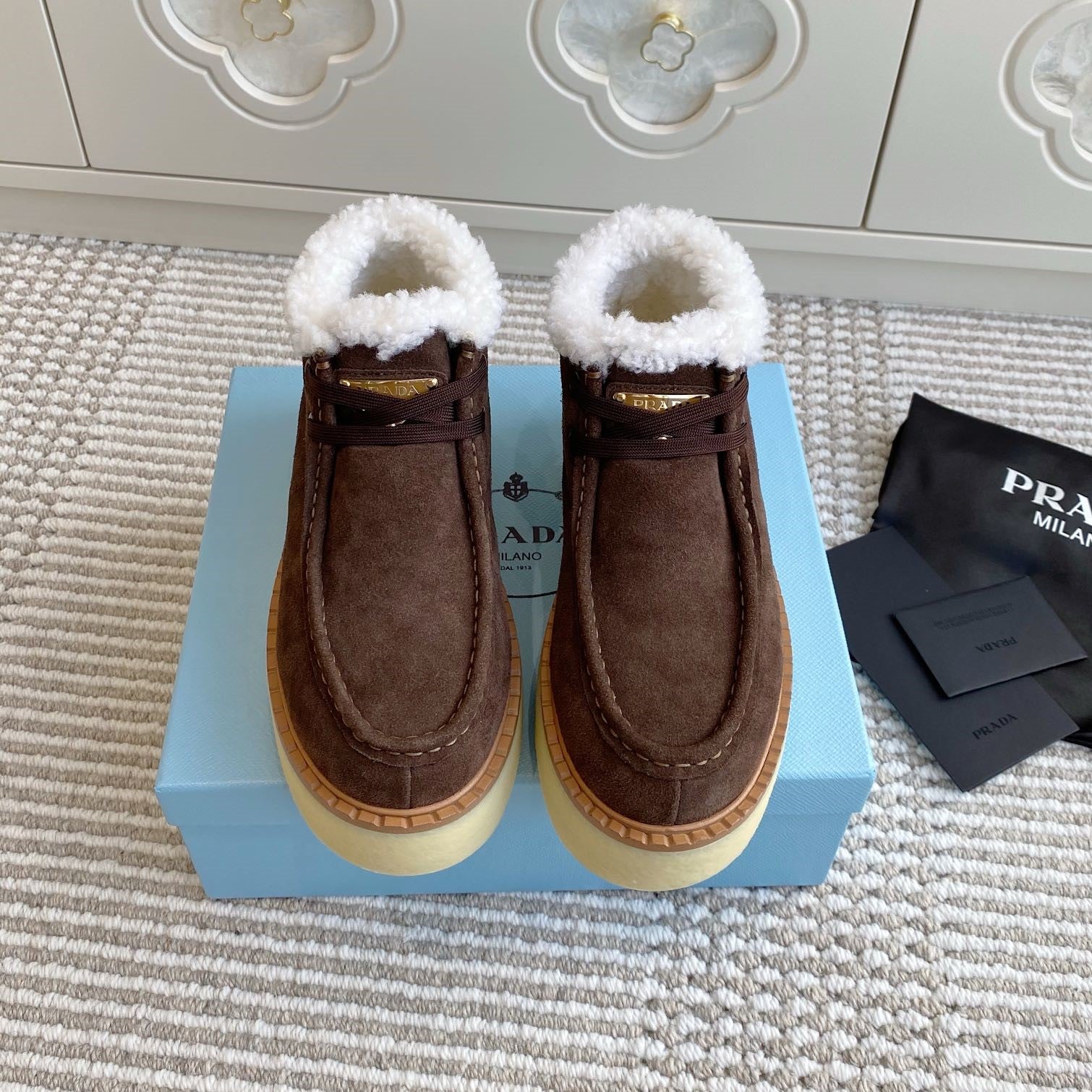 Prada Chukka Boots Coffee Brown Suede White Shearing 564159