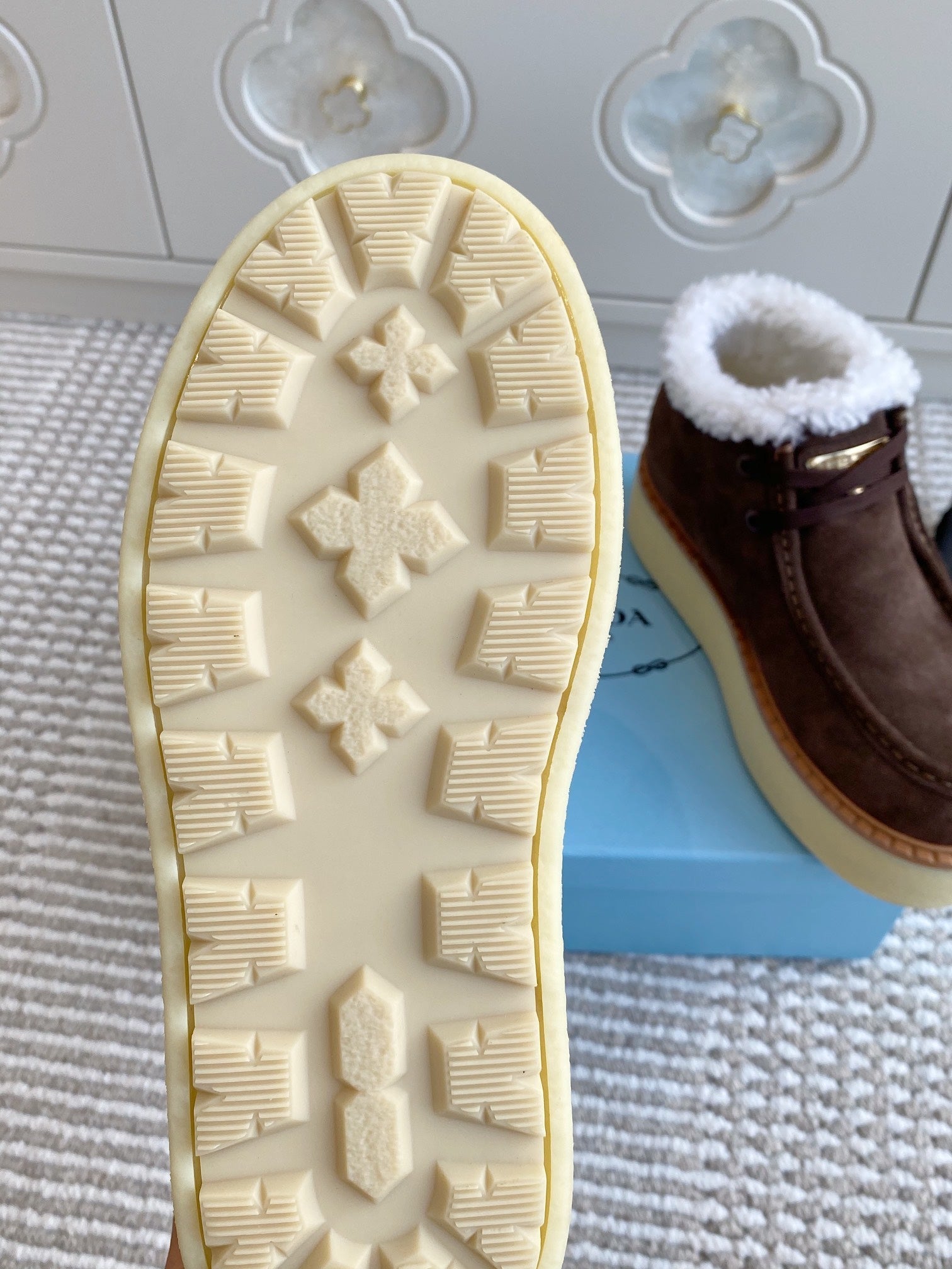 Prada Chukka Boots Coffee Brown Suede White Shearing 564159