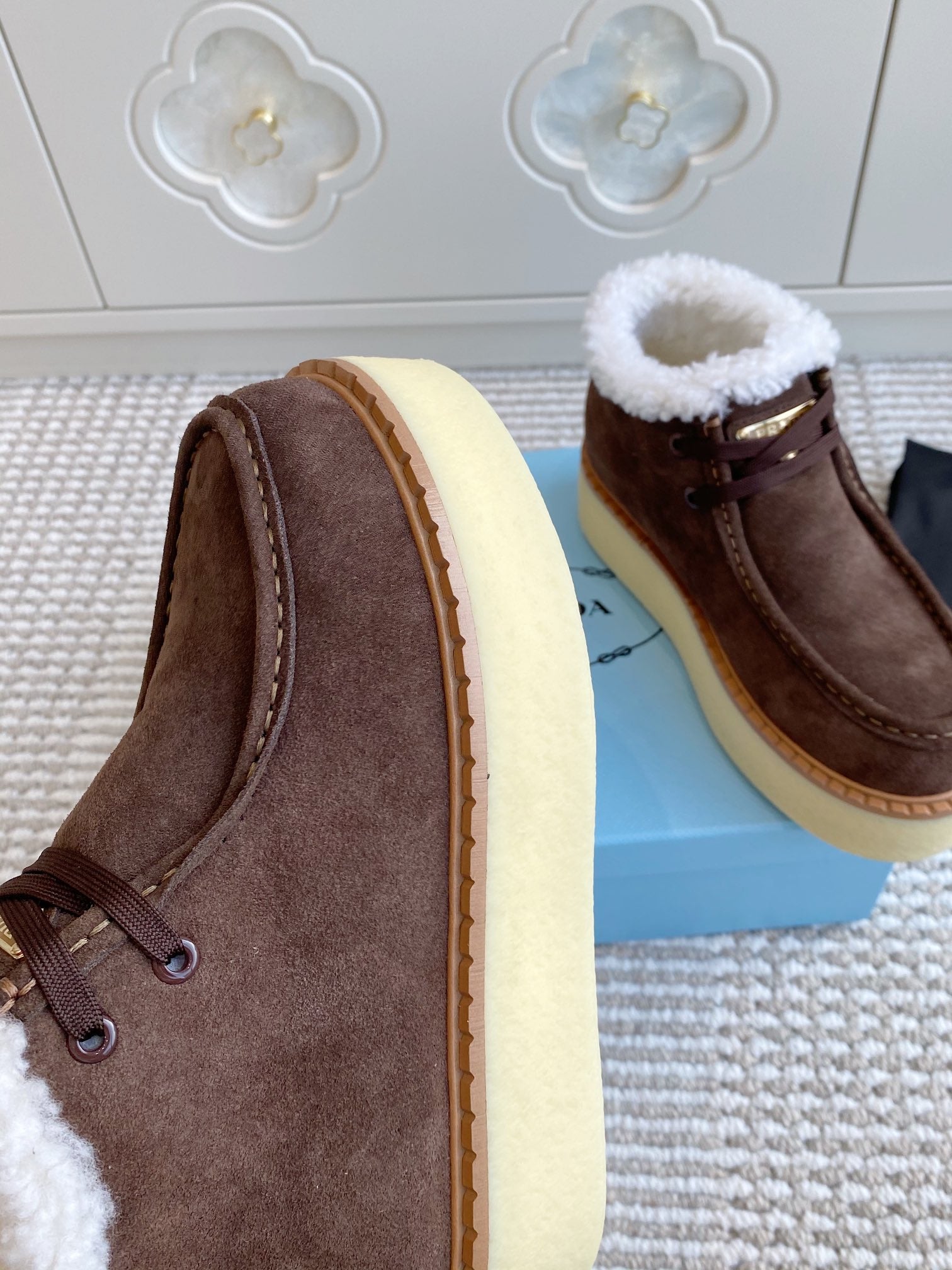 Prada Chukka Boots Coffee Brown Suede White Shearing 564159