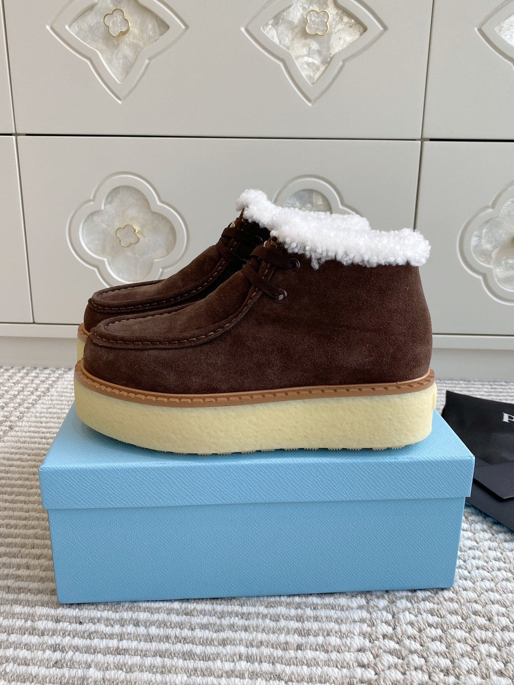 Prada Chukka Boots Coffee Brown Suede White Shearing 564159